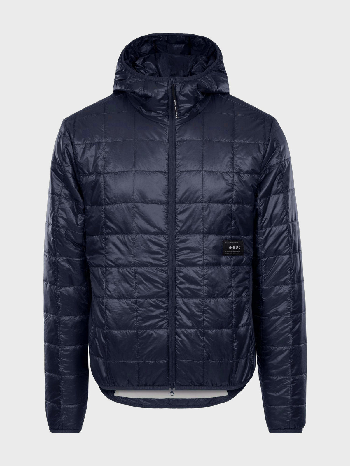 Flatlay of the Unisex Insulated Packable Jacket in Ink Blue, front view with hood and full-length zip.