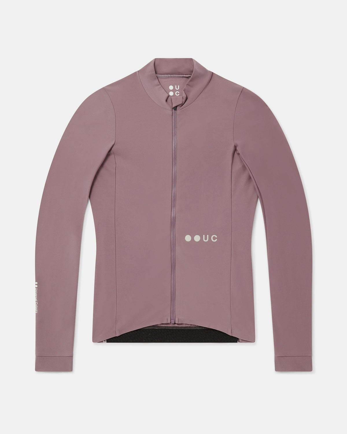 Flatlay of the Women's Mono Long Sleeve Jersey in Mauve Mist: full-length front zip, high collar and UC logo.