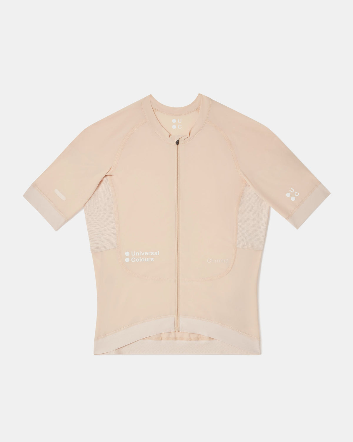Flatlay of the Women's Chroma Short Sleeve Jersey in Almond: full-length zip, raglan sleeves and mesh side panels.
