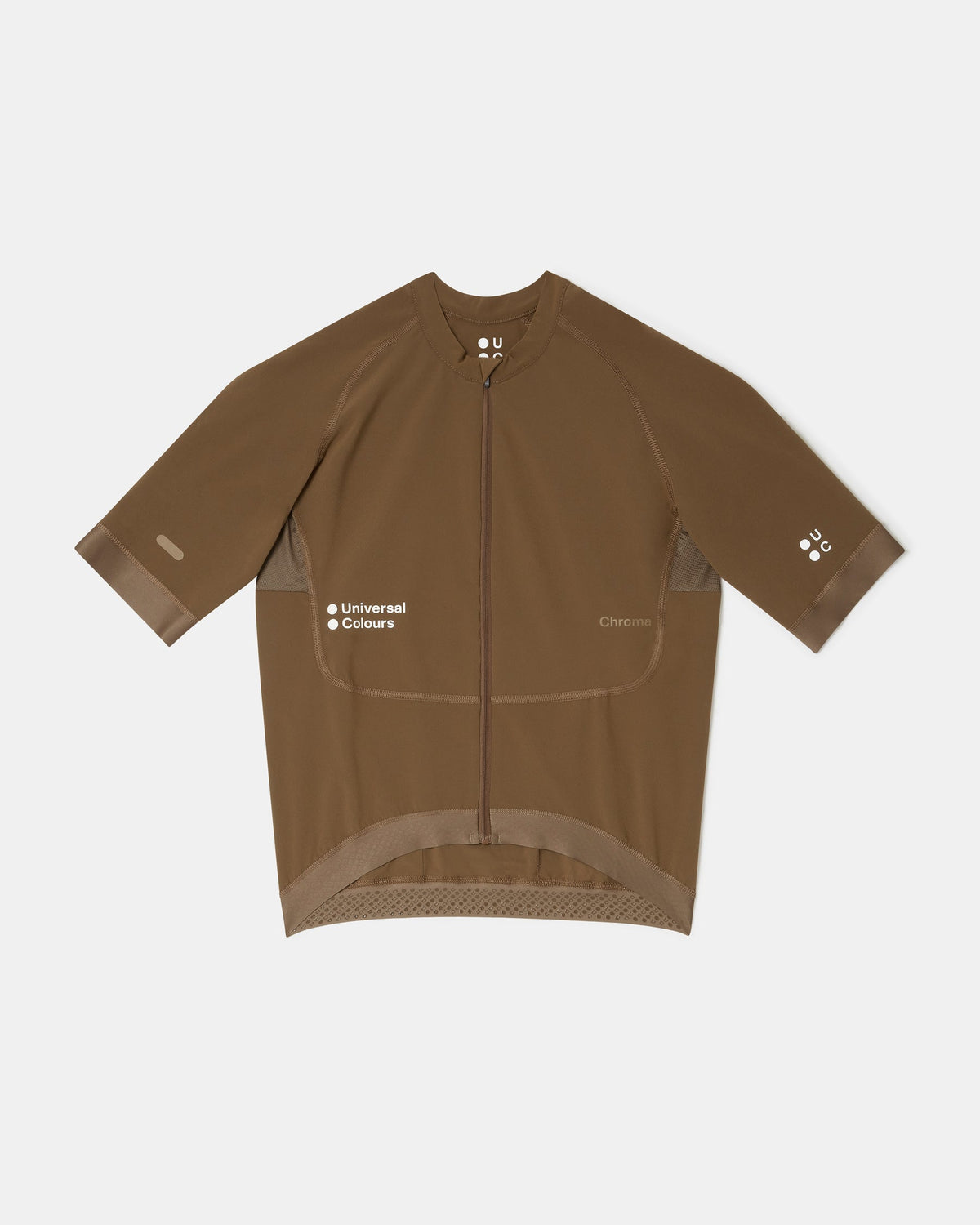 Flatlay of the Men's Chroma Short Sleeve Jersey in Golden Brown, front view with full-length zip and raglan sleeves.