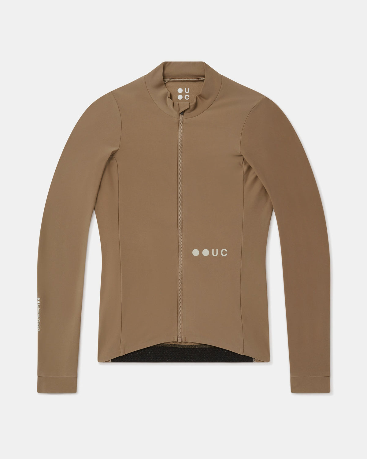 Flatlay of the Women's Mono Long Sleeve Jersey in Walnut Brown: full-length front zip, high collar and UC logo.