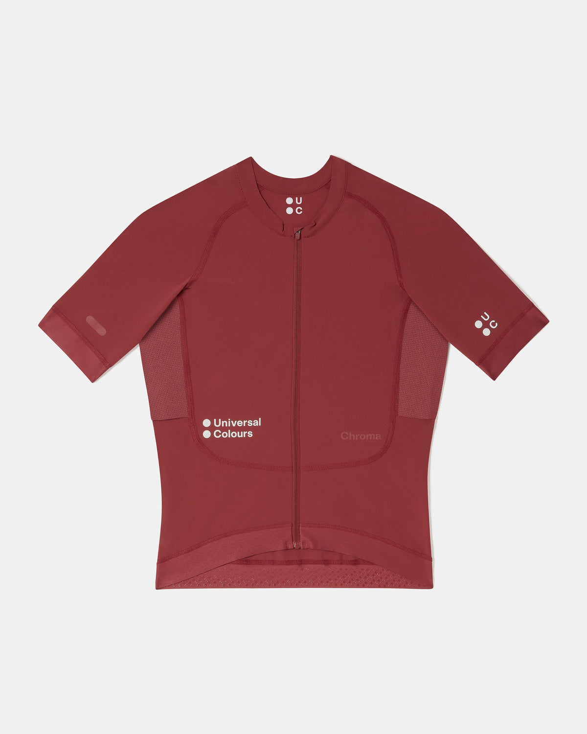 Flatlay of the Women's Chroma Short Sleeve Jersey in Earth Red: full-length zip, raglan sleeves and mesh side panels.