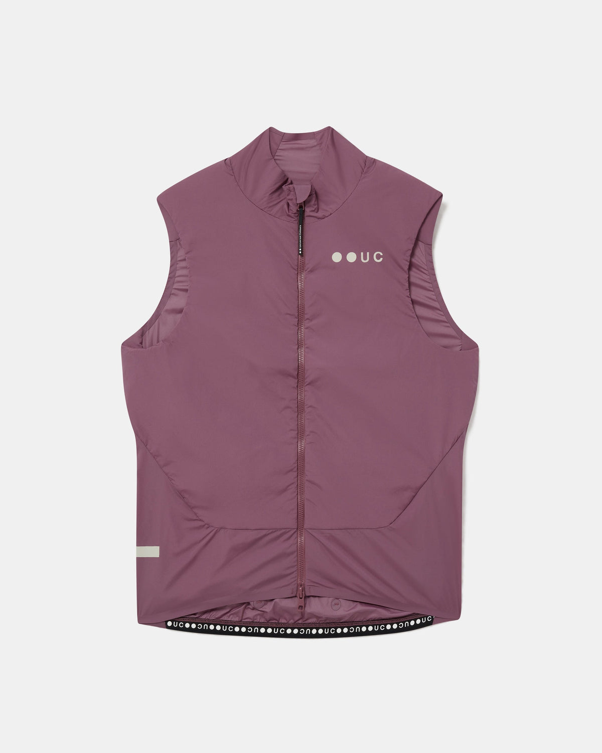 Flatlay of the Men's Chroma Insulated Gilet in Dusty Rose: high collar, two-way zip and UC chest logo.