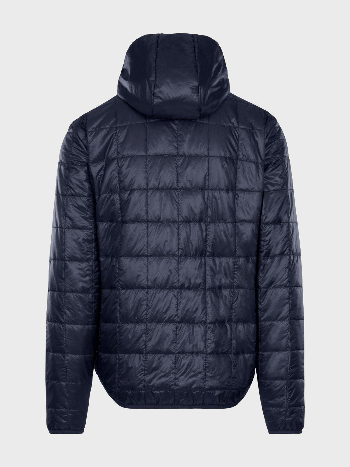 Flatlay of the Unisex Insulated Packable Jacket in Ink Blue, back view.