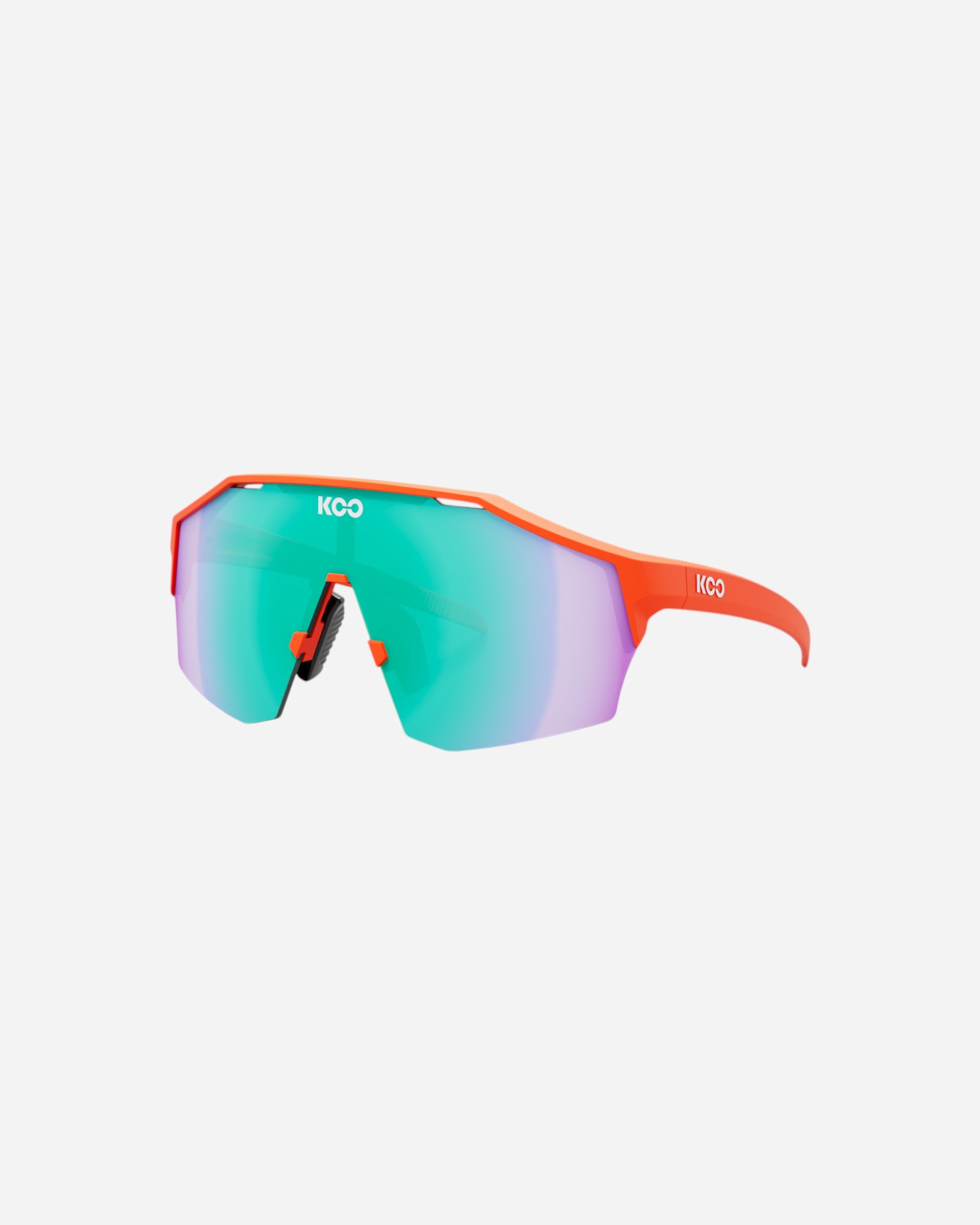 Moloko Cycling Ltd. Alibi sunglasses with orange frame and green mirrored lens. Designed for cycling.