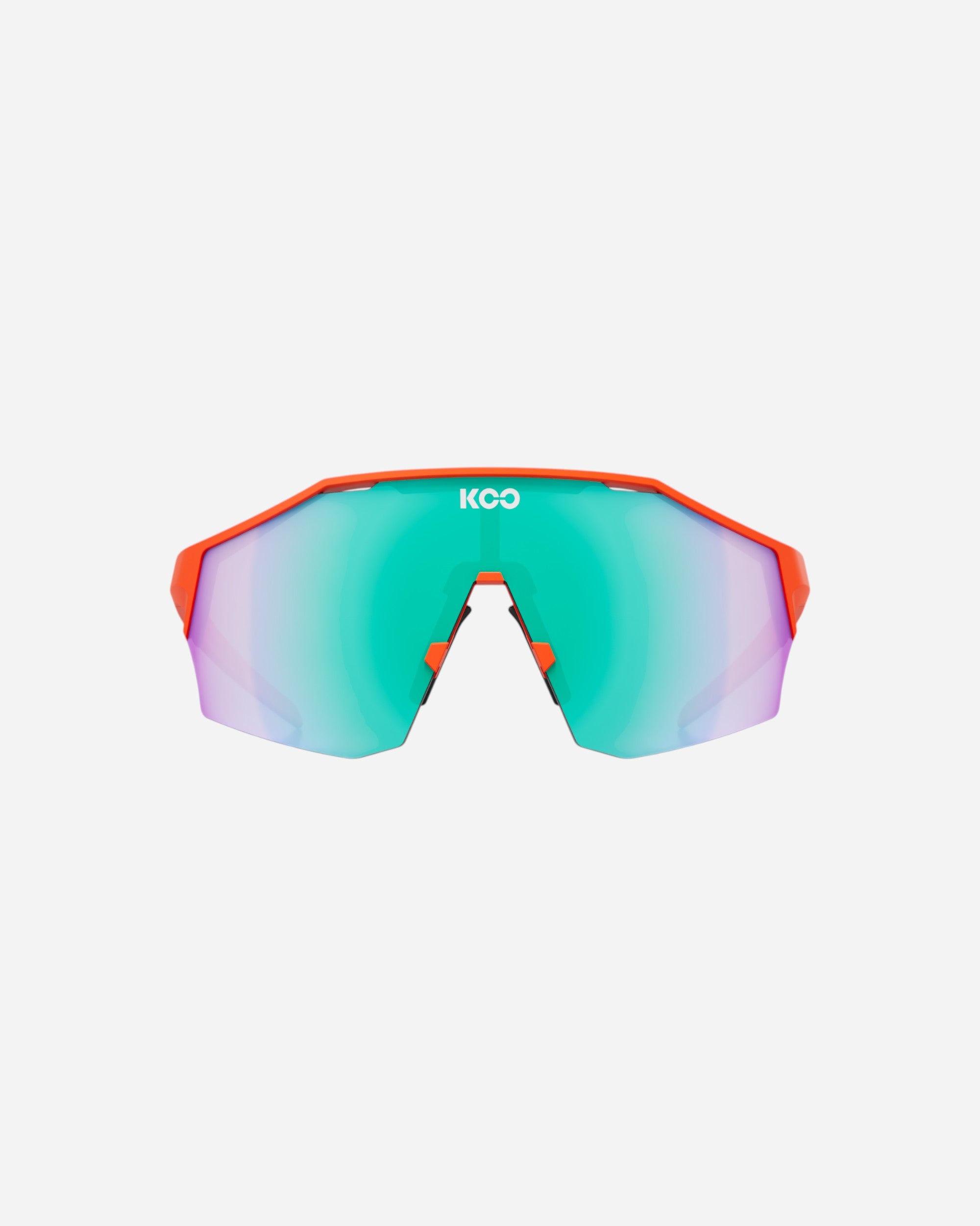 Moloko Cycling Ltd. Alibi sunglasses with orange frame and green mirrored lenses. Lightweight, secure fit for cycling.