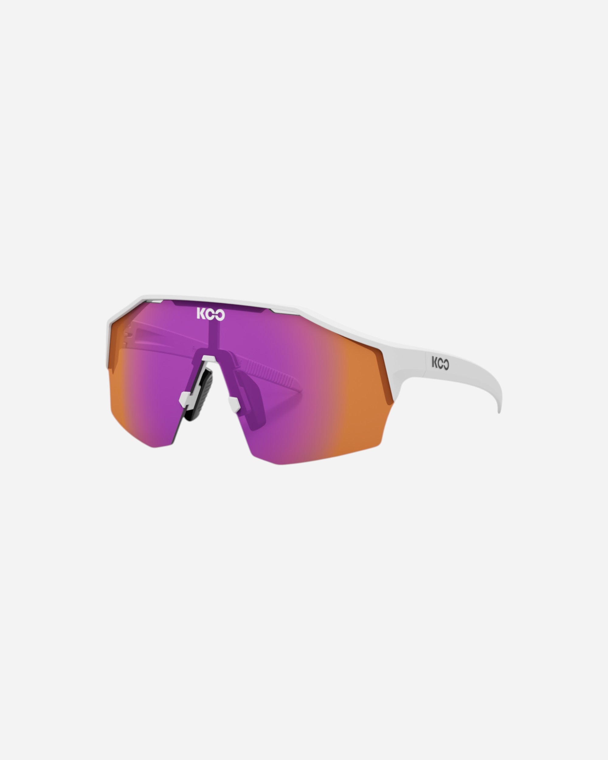 Moloko Cycling Ltd. Alibi white cycling sunglasses with photo fucsia and orange mirrored lenses and secure fit.