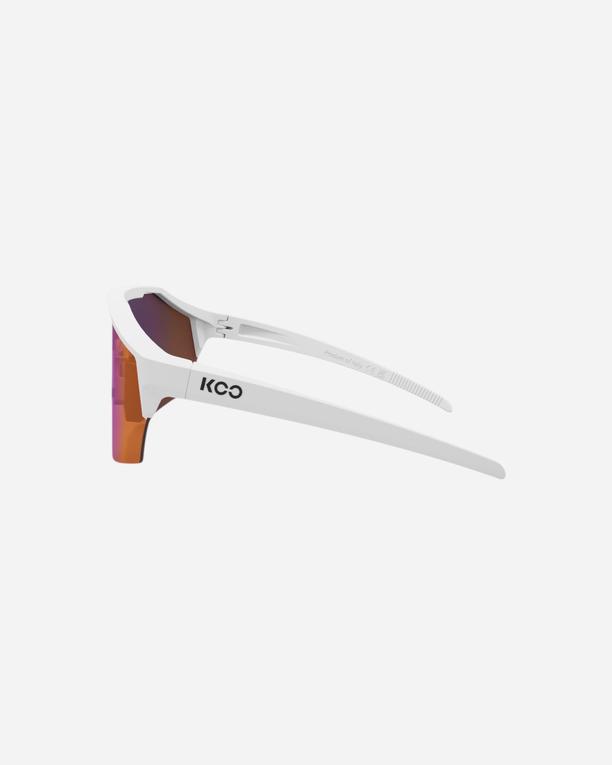 Moloko Cycling Ltd. Alibi white cycling sunglasses with photo fucsia mirrored lenses and secure fit.