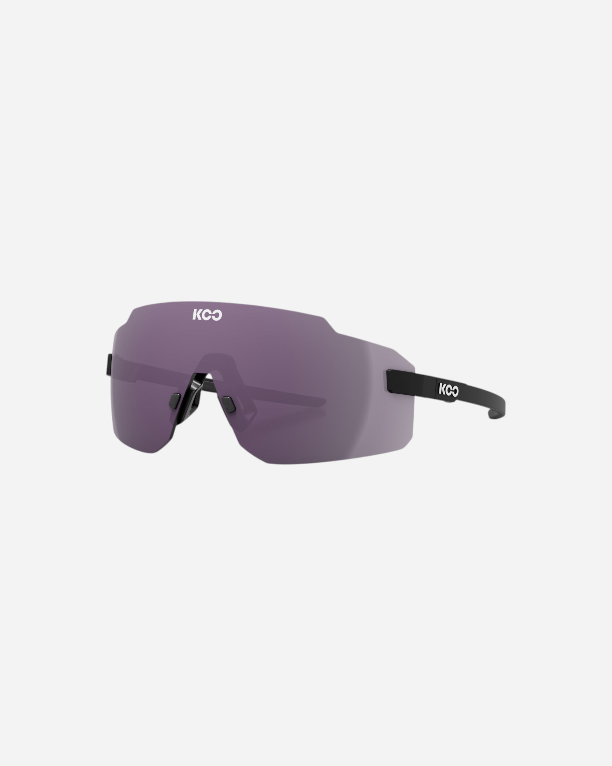 Moloko Cycling Ltd. Supernova frameless wraparound sunglasses with purple toric lenses and black arms.