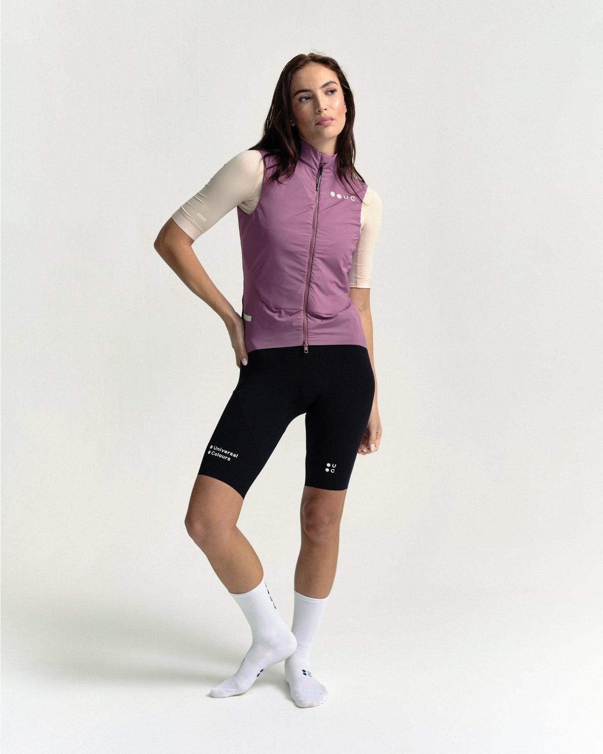Model wearing the Women's Chroma Insulated Gilet in Dusty Rose.
