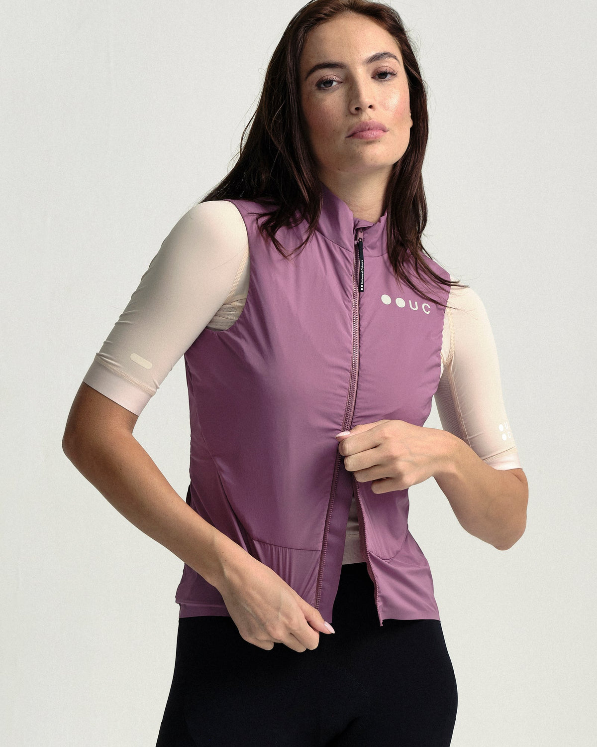 Model wearing the Women's Chroma Insulated Gilet in Dusty Rose.