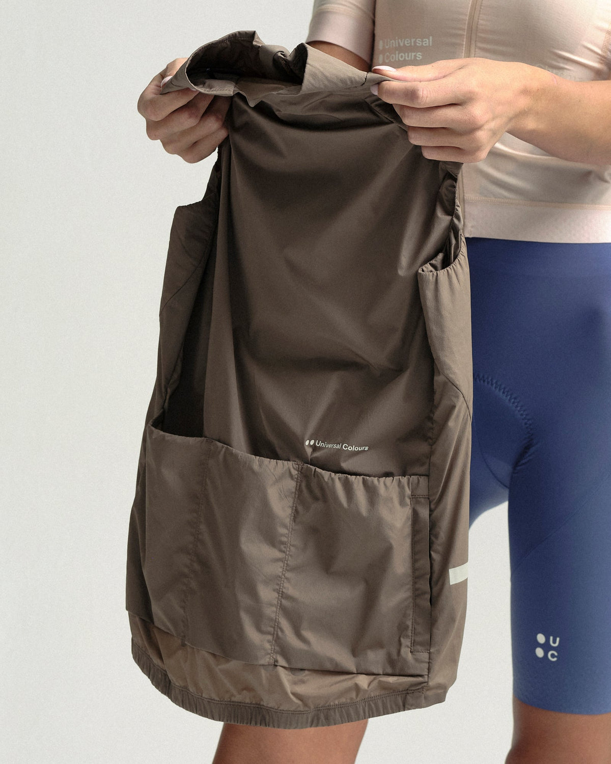 Model wearing the Women's Chroma Insulated Gilet in Walnut Brown.