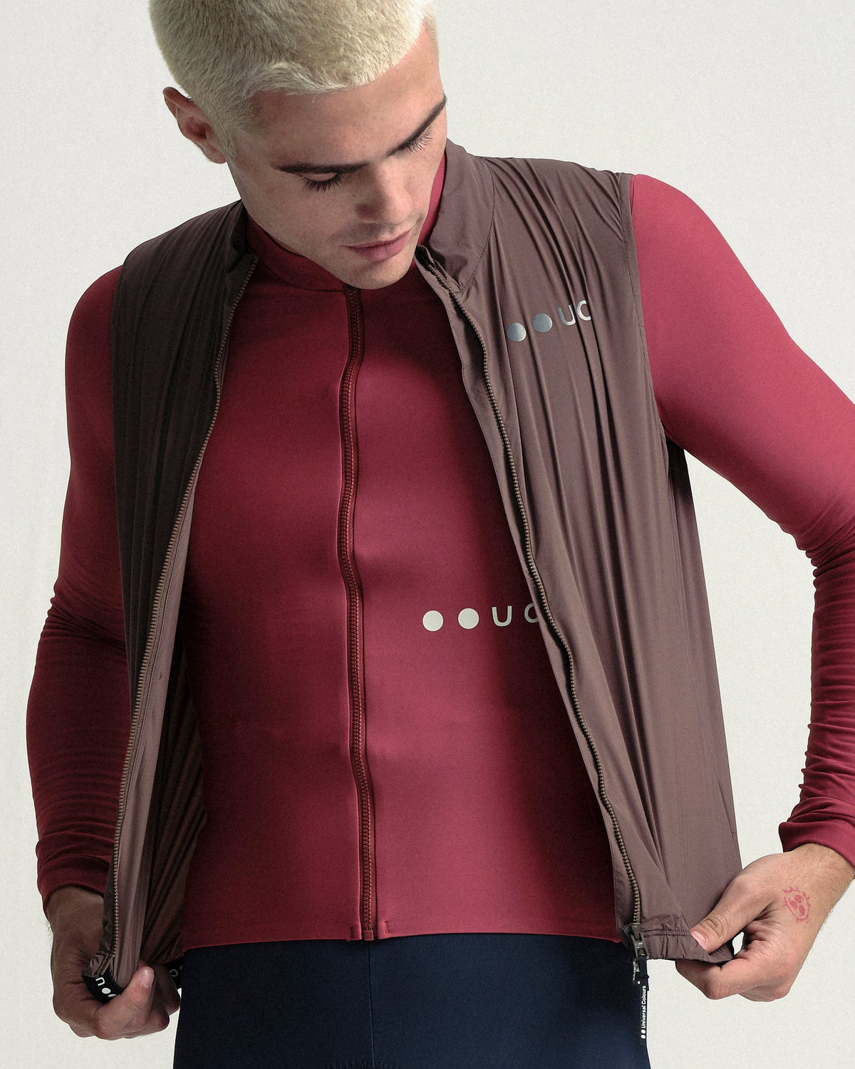 Model wearing the Men's Mono Gilet 2.0 in Stone Brown.