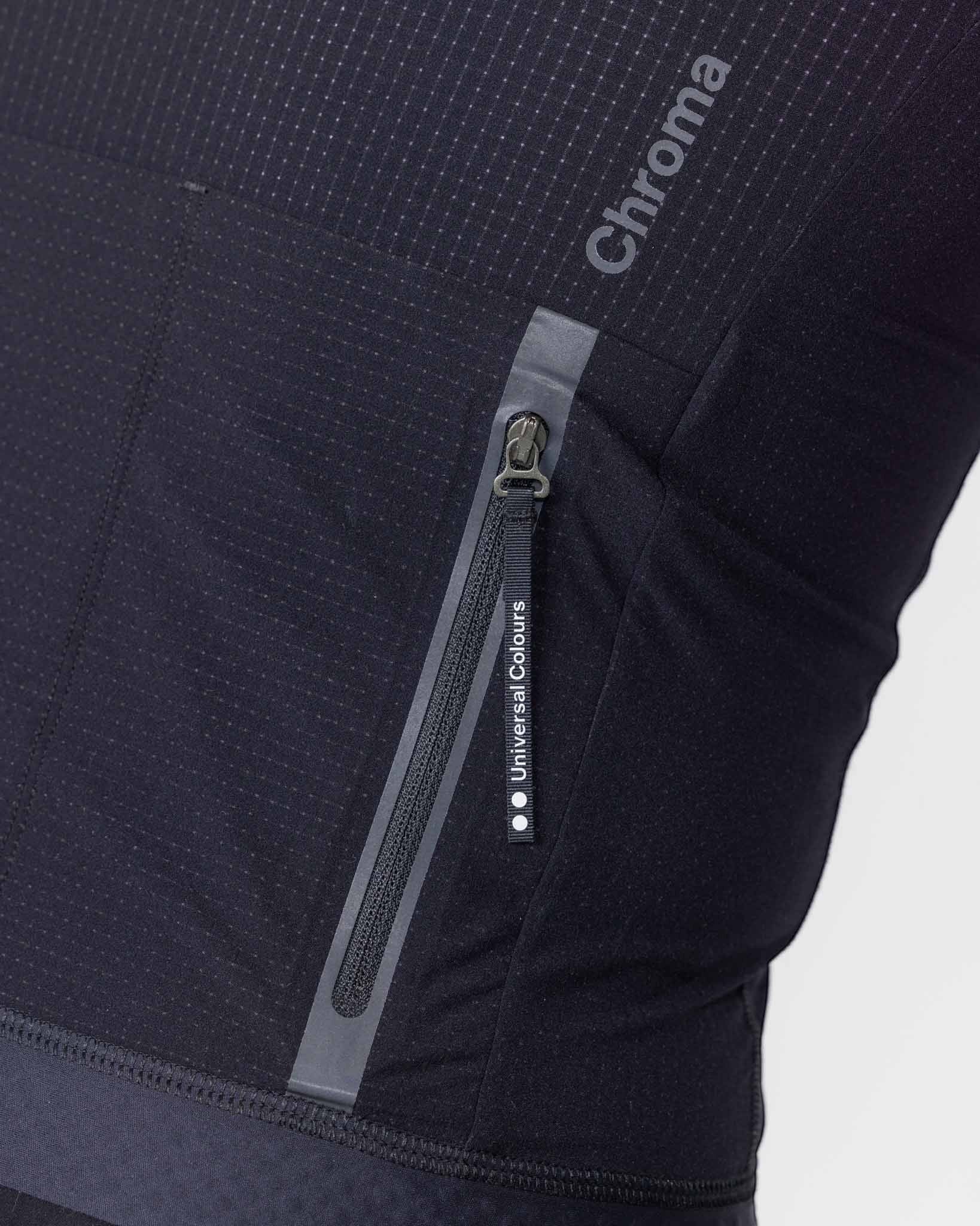 Moloko Cycling Ltd. black short sleeve cycling jersey with a zippered pocket and subtle grid pattern.