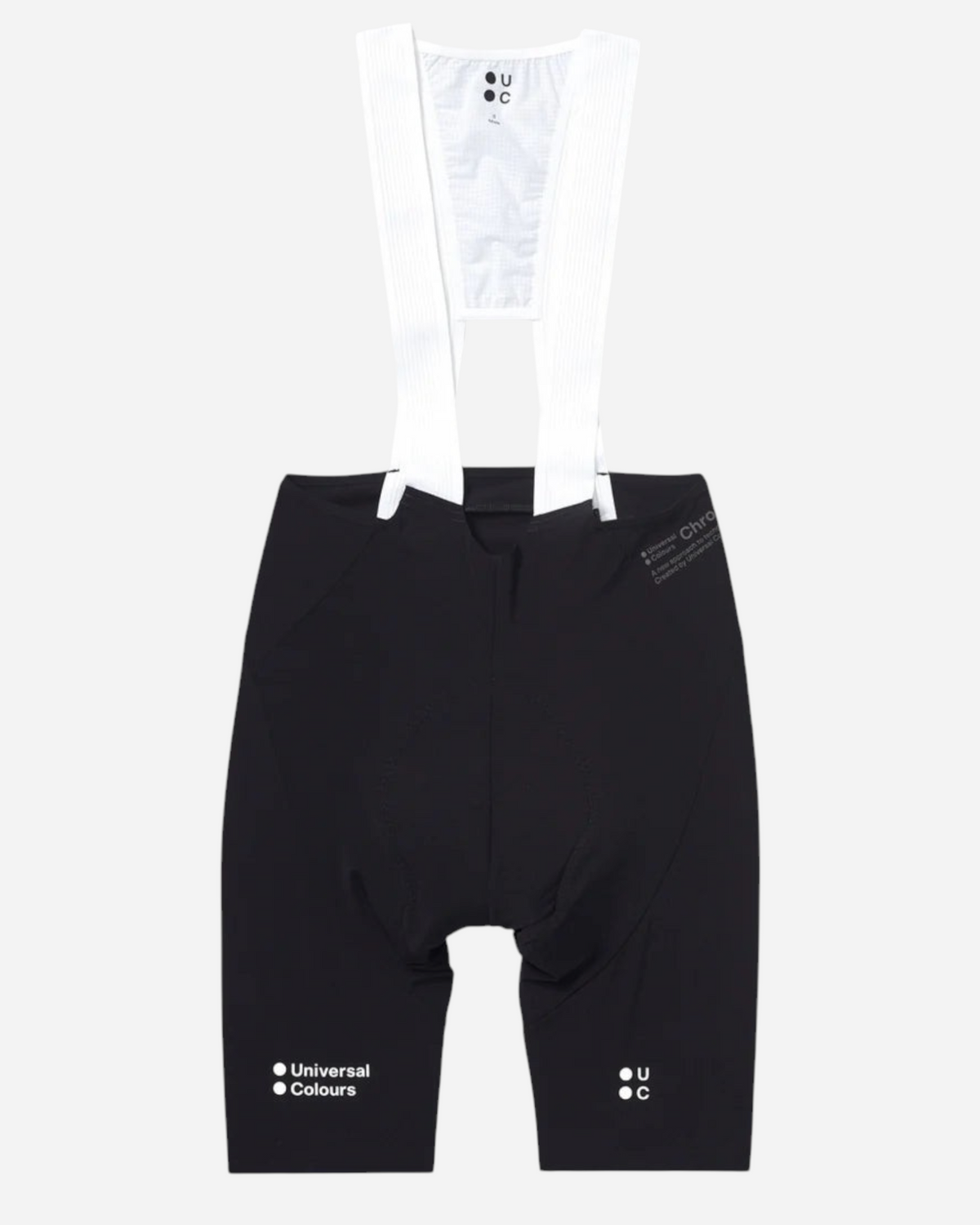 Moloko Cycling Ltd. black Chroma bib shorts with white breathable straps and Universal Colours branding.