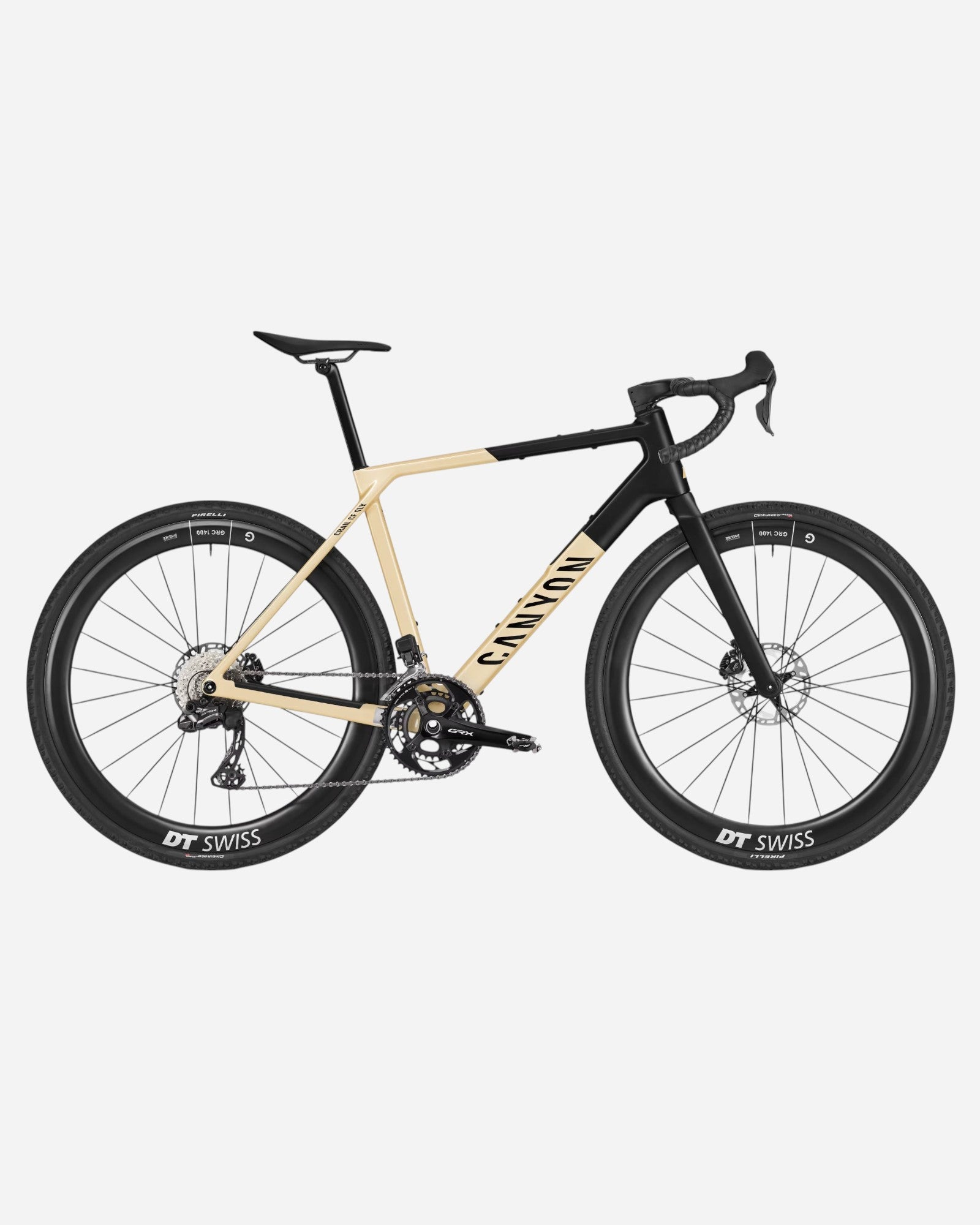 Moloko Cycling Ltd. Ex-Demo 2024 Canyon Grail CF SLX 8 AXS gravel bike in beige and black with DT Swiss wheels.