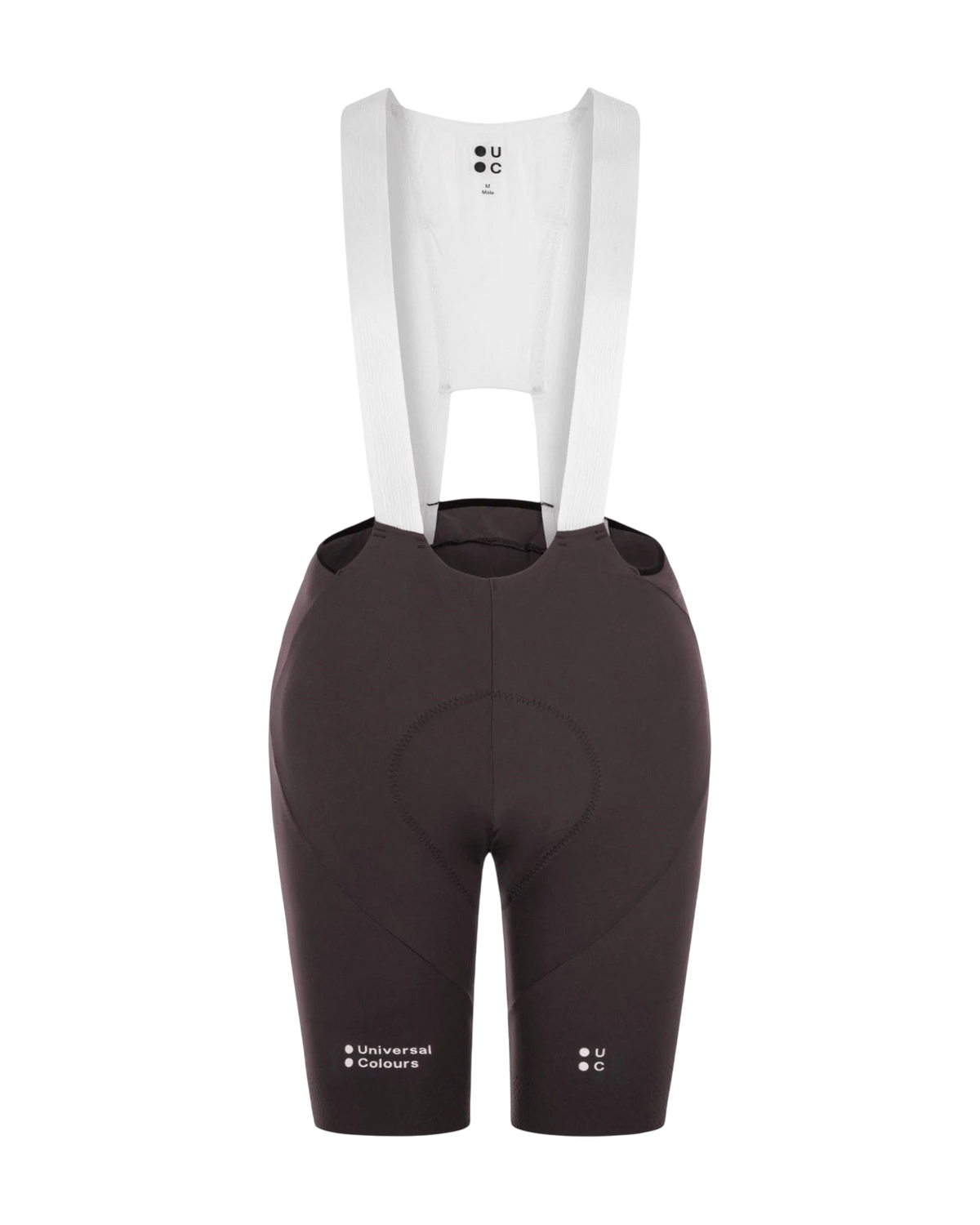 Moloko Cycling Ltd. Chroma bib shorts in heavy dark brown with white breathable straps and Universal Colours branding.