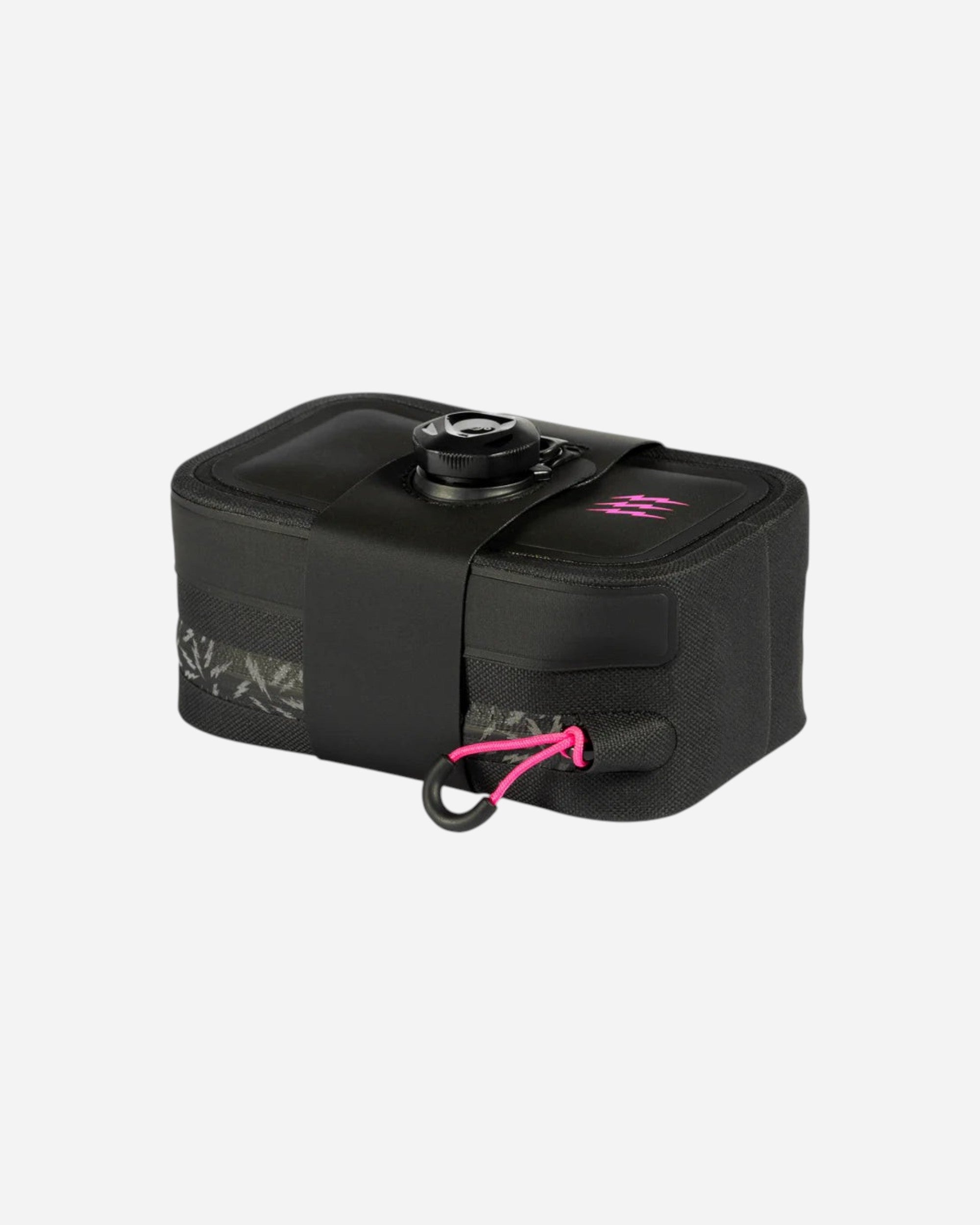 Moloko Cycling Ltd. small black water-repellent saddle pack with FitGo dial and pink zipper pull on white background