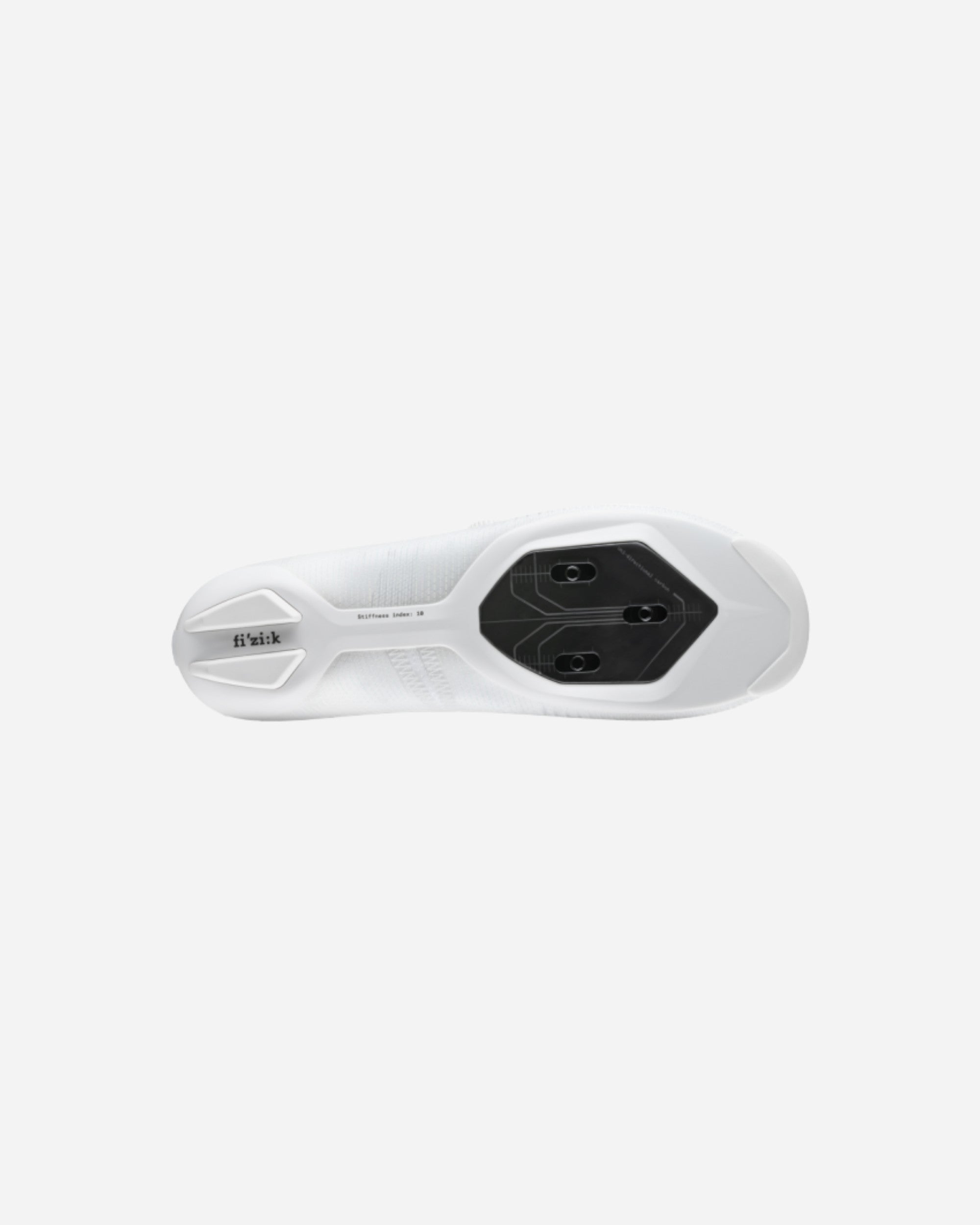 Moloko Cycling Ltd. Vega Carbon road cycling shoe in white, showing the full-carbon outsole with cleat mounting area.