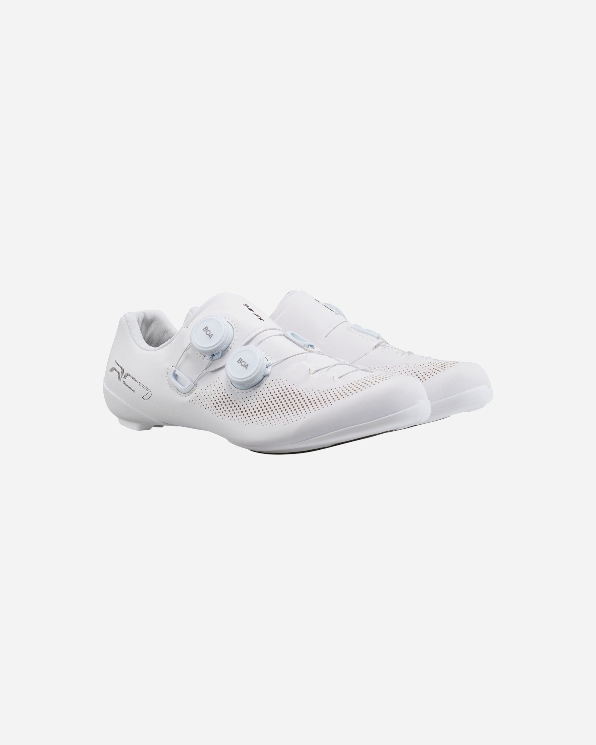 Moloko Cycling Ltd. white women's road cycling shoes with BOA L6C dial and perforated synthetic leather upper.