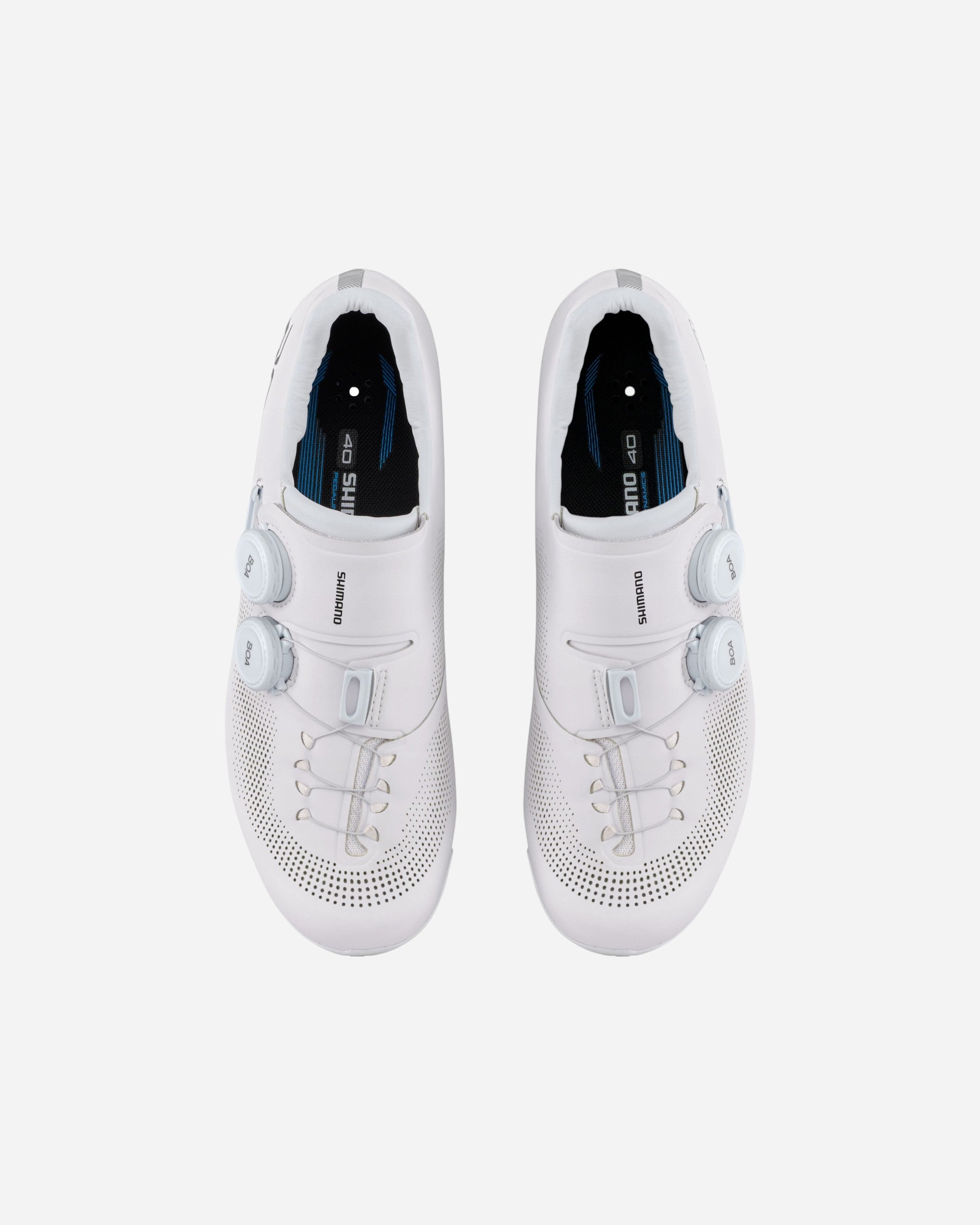 Moloko Cycling Ltd. white women's road cycling shoes with BOA L6C dial closure and perforated synthetic leather.