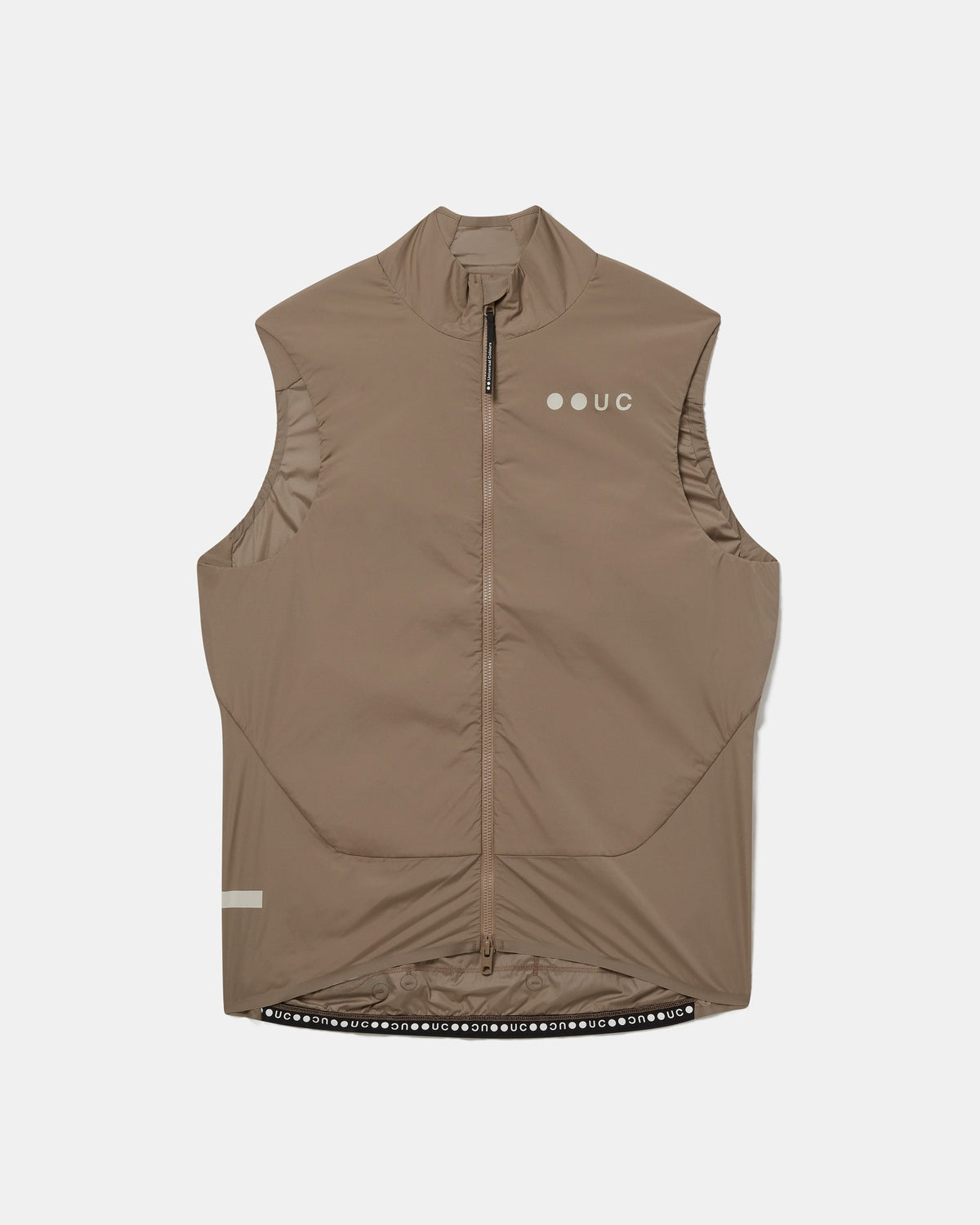Flatlay of the Men's Chroma Insulated Gilet in Walnut Brown: high collar, two-way zip and UC chest logo.