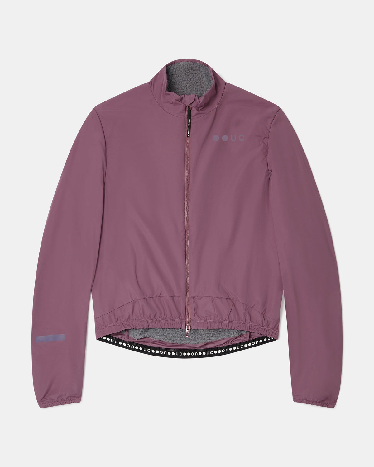 Men's Mono Insulated Jacket in Dusty Rose flatlay: high collar, full-length zip, UC chest logo, fleece-lined hem.