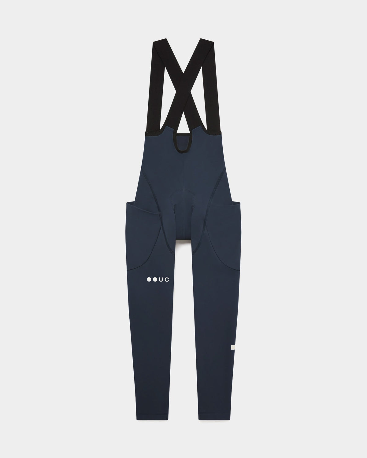 Women's Mono Cargo Bib Tight in Eclipse Navy, flatlay front view: crossover straps and twin stretch thigh cargo pockets.