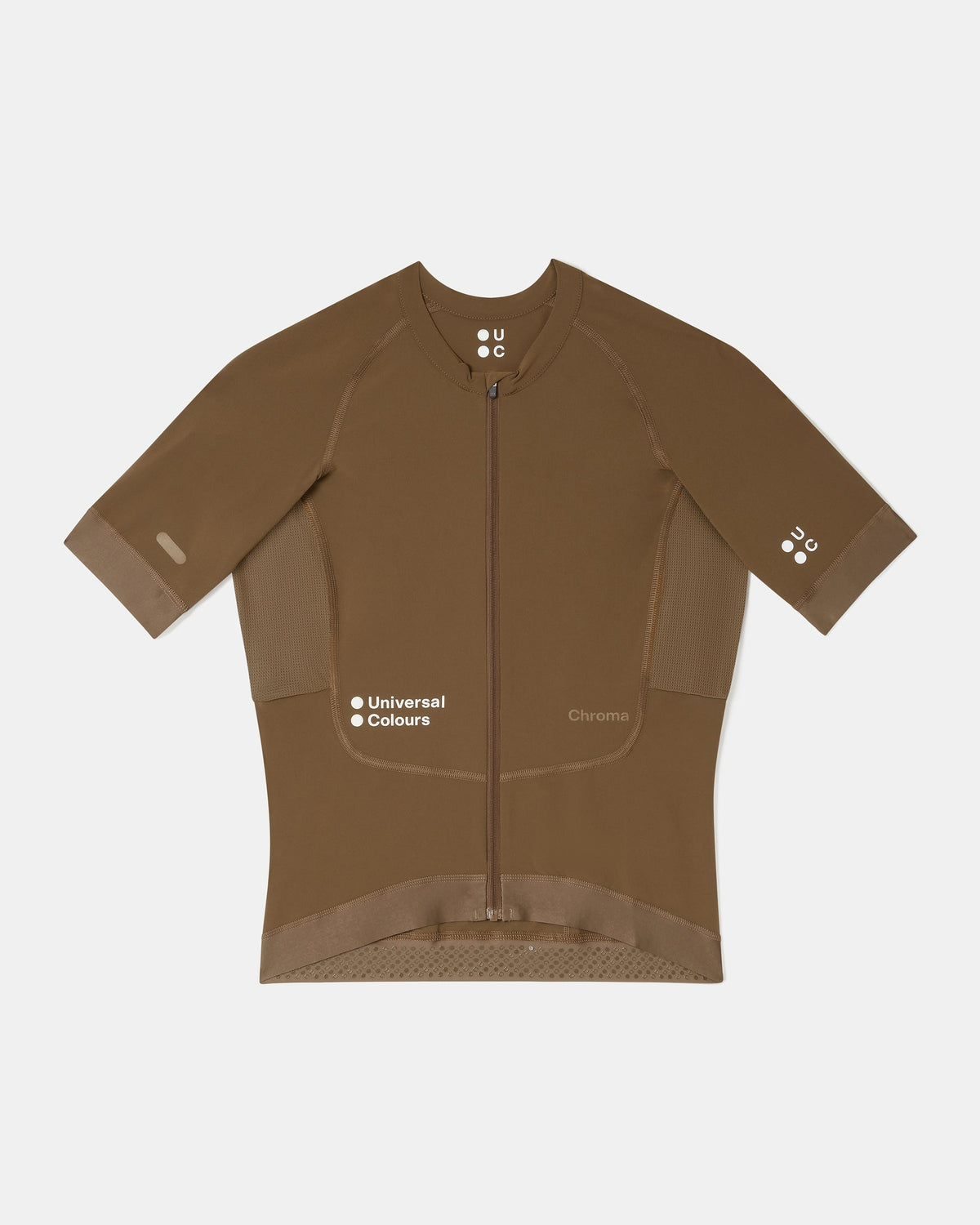 Flatlay of the Women's Chroma Short Sleeve Jersey in Golden Brown: full-length zip, raglan sleeves and mesh side panels.