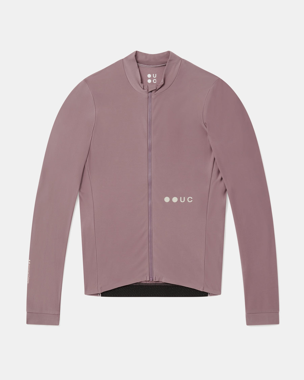 Flatlay of the Men's Mono Long Sleeve Jersey in Mauve Mist: mock collar, full-length zip and UC logo.