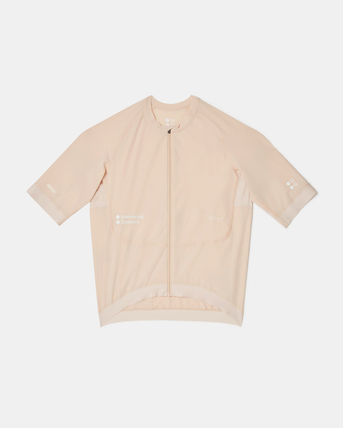 Flatlay of the Men's Chroma Short Sleeve Jersey in Almond, front view with full-length zip and raglan sleeves.