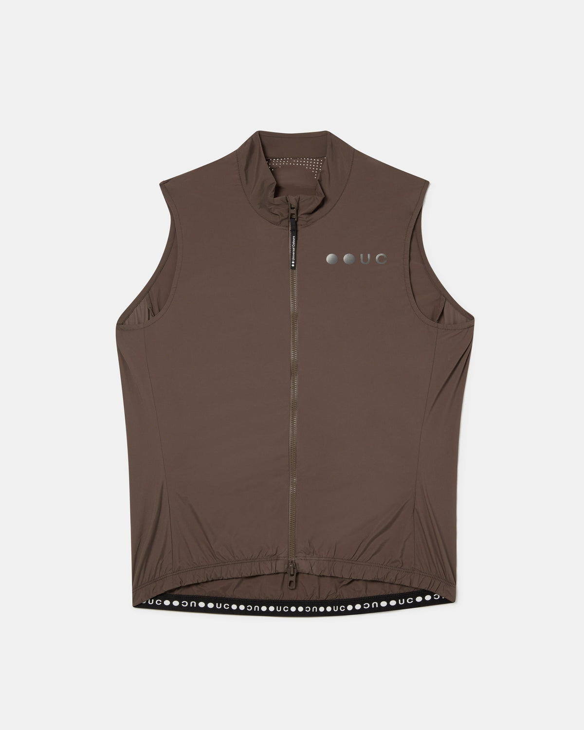 Men's Mono Gilet 2.0 in Stone Brown, flatlay front view: high collar, full-length zip, UC logo and gripper hem.