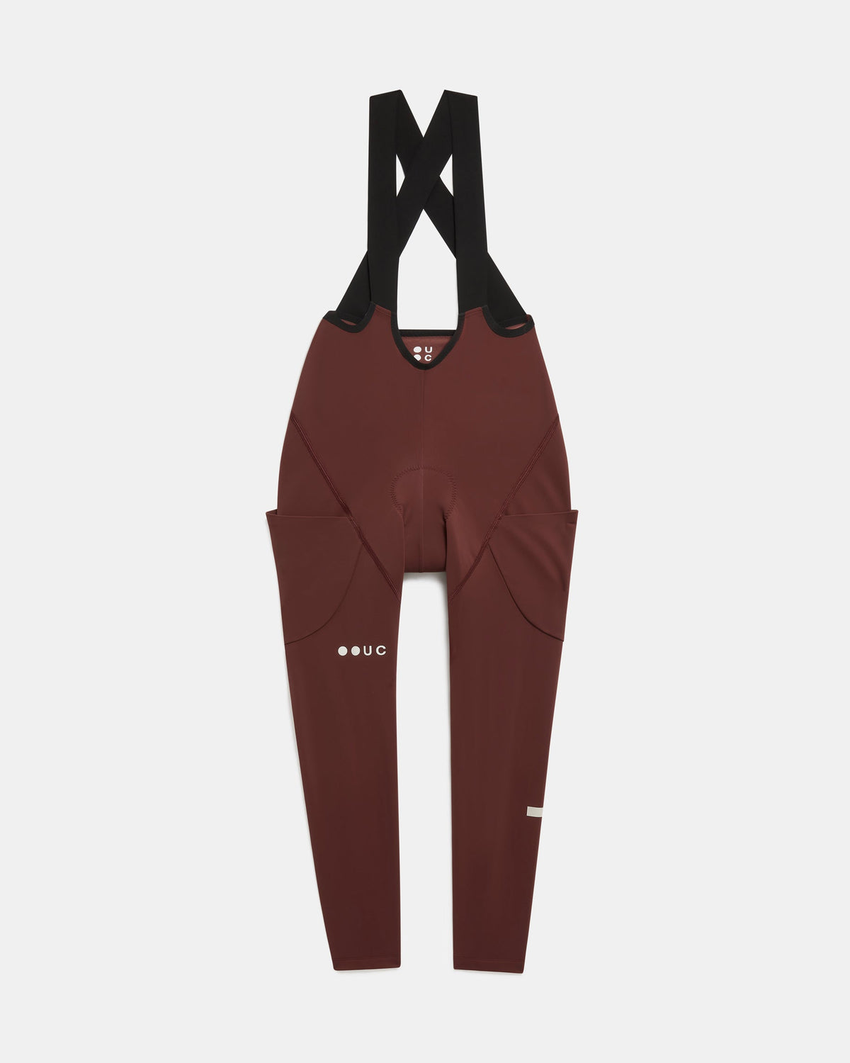 Women's Mono Cargo Bib Tight in Deep Red, flatlay front view: crossover straps and twin stretch thigh cargo pockets.