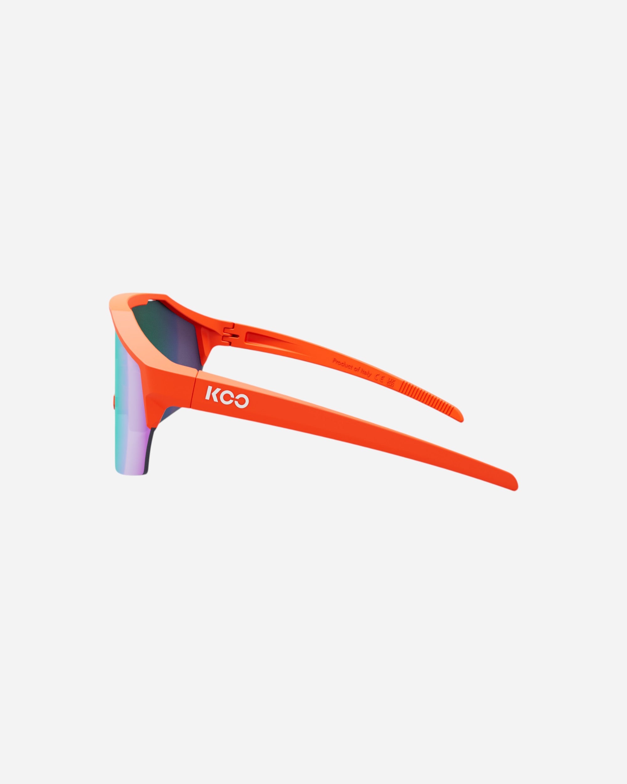 Moloko Cycling Ltd. Alibi sunglasses in bright orange with green-blue mirrored lenses. Lightweight, secure fit for cycling.
