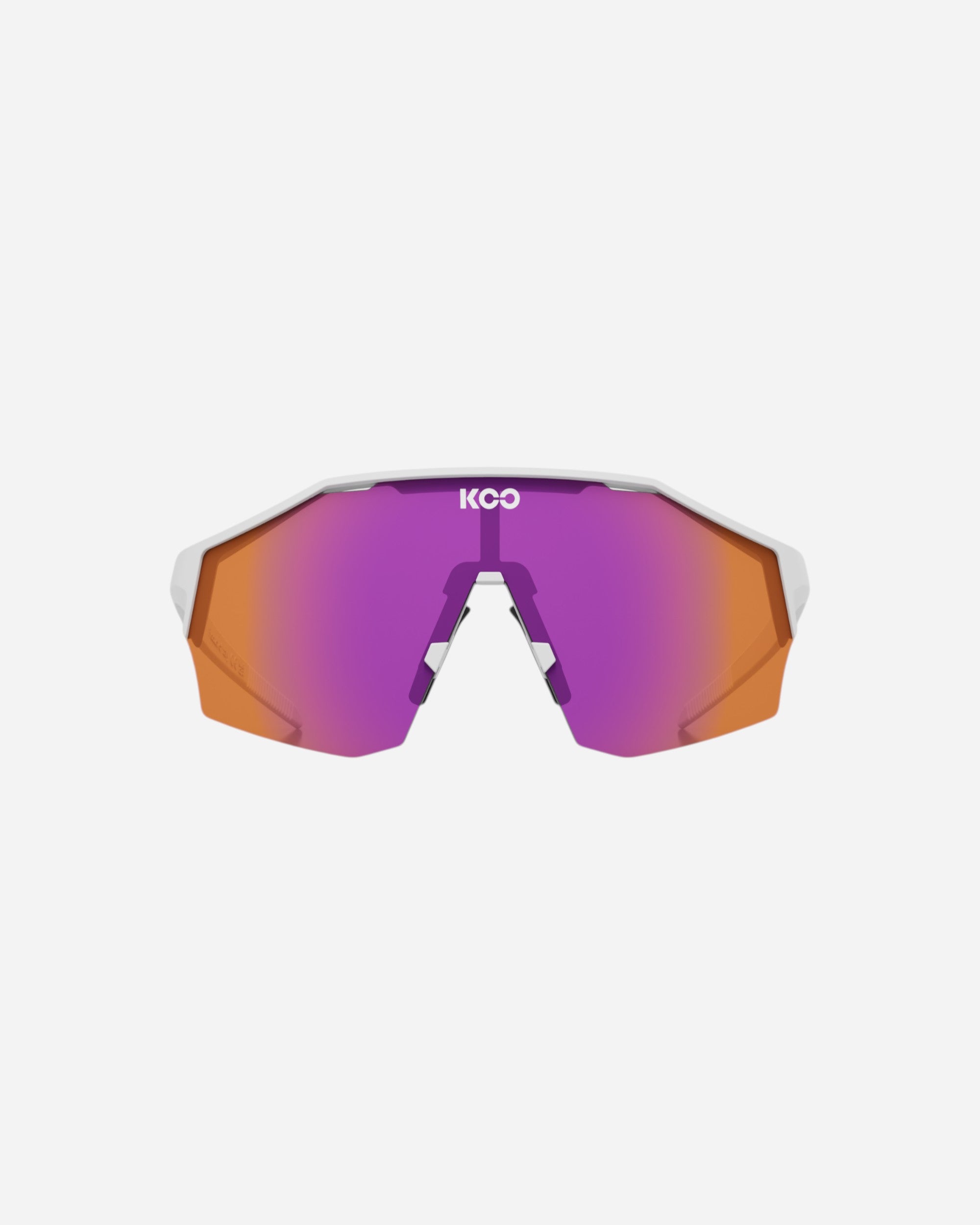 Moloko Cycling Ltd. Alibi white cycling sunglasses with photo fucsia mirrored lenses and orange accents.