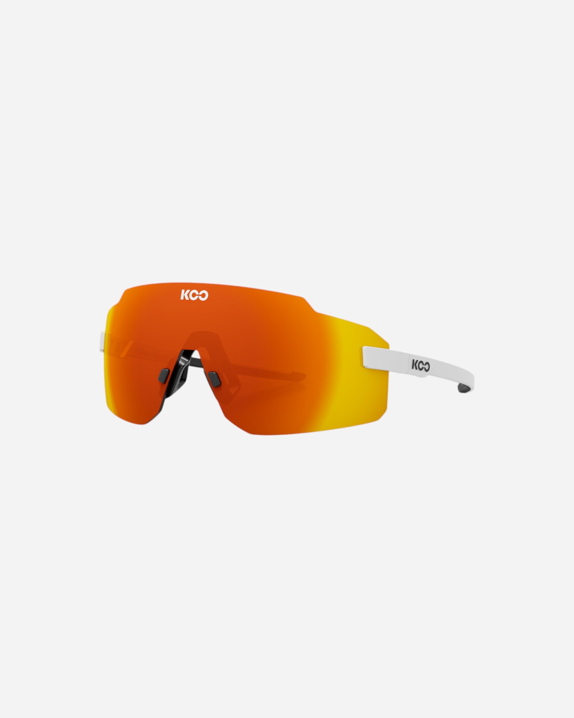 Moloko Cycling Ltd. Supernova frameless sunglasses with white arms and red-to-yellow mirror lenses, designed for sports.