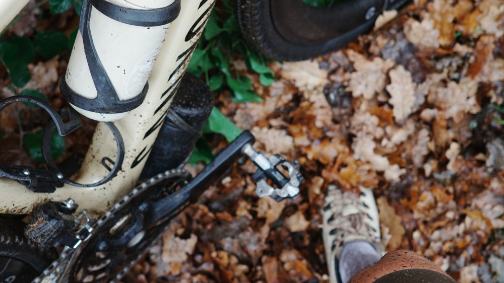 A mud-splattered gravel bike on autumn leaves
