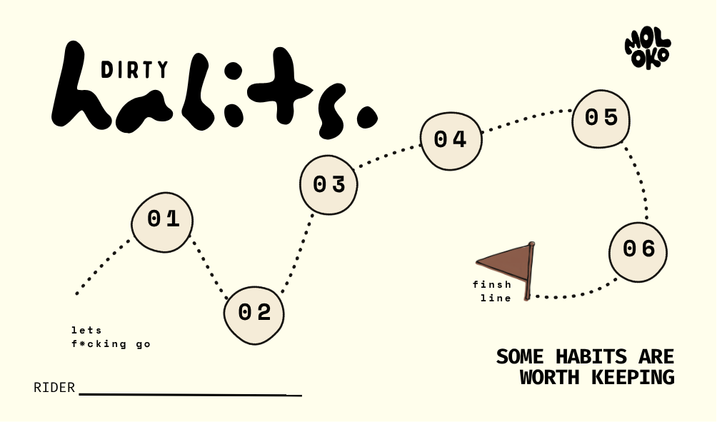 The Dirty Habits ride card: six numbered stamp circles along a dotted route from start to finish line, with space for the rider's name