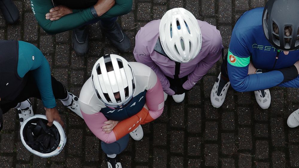 Overhead shot of riders gathered before a ride