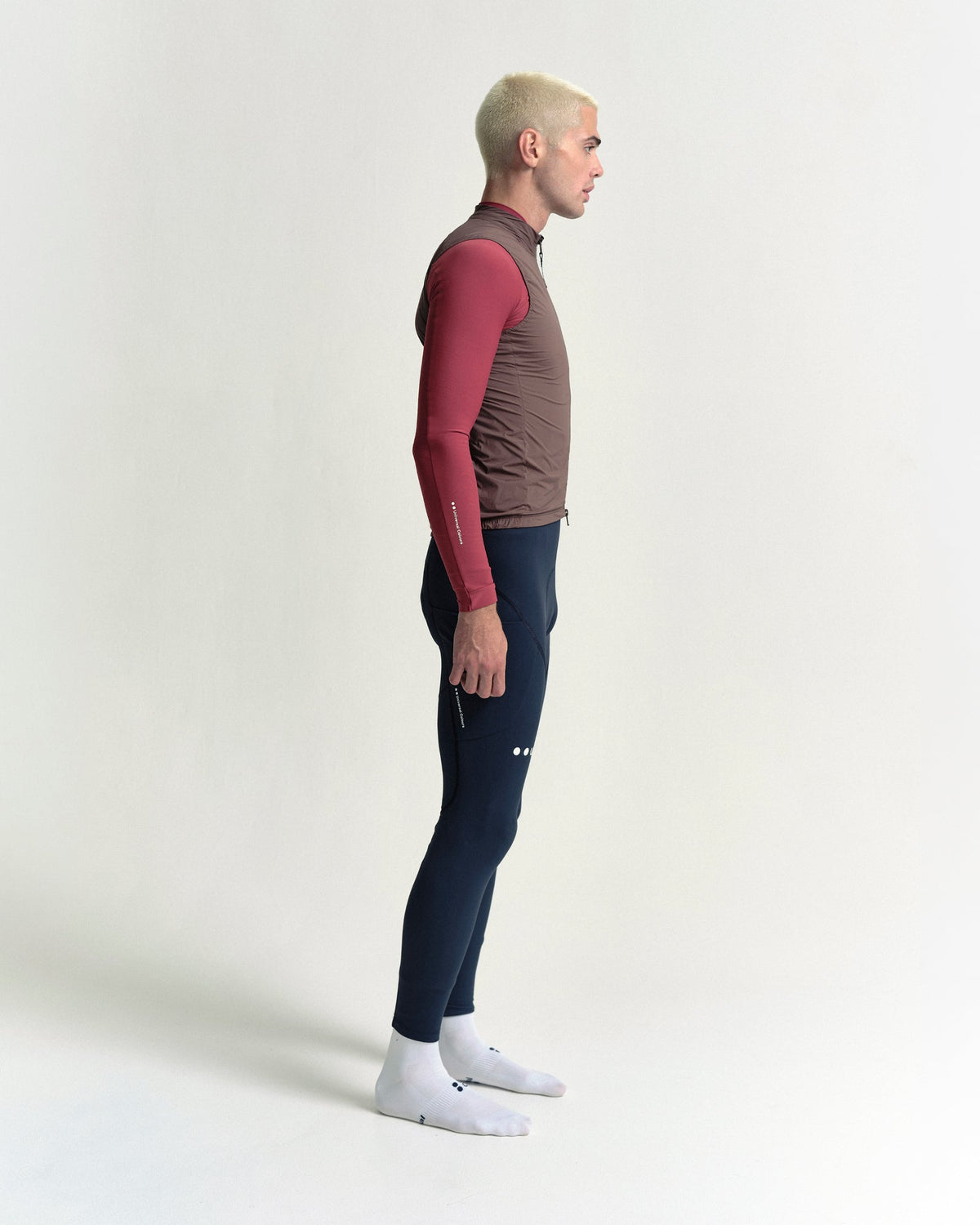 Model wearing the Men's Mono Gilet 2.0 in Stone Brown.