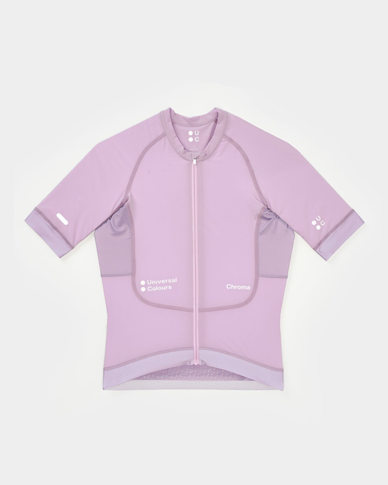 Moloko Cycling Ltd. women's short sleeve cycling jersey in washed lilac. Made from recycled polyester and Italian woven fabric with a matte finish, four-way stretch, and three rear pockets.