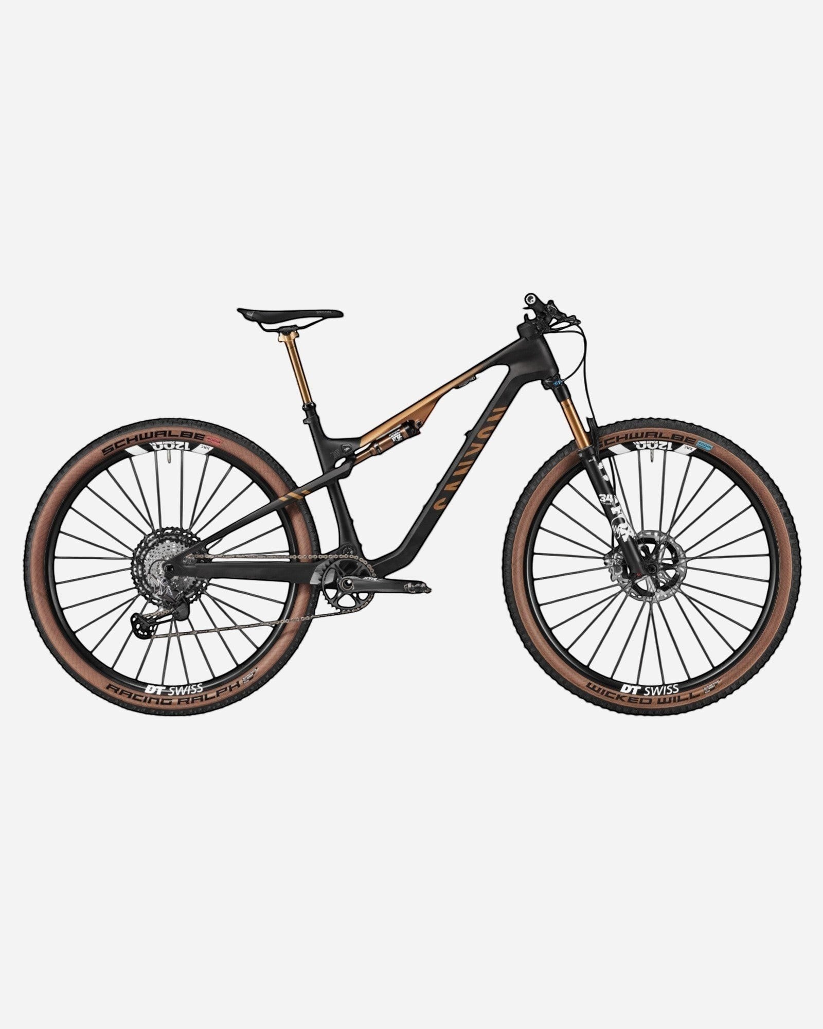 Moloko Cycling Ltd. black and bronze full-suspension mountain bike, size M, with Schwalbe tires and DT Swiss wheels.