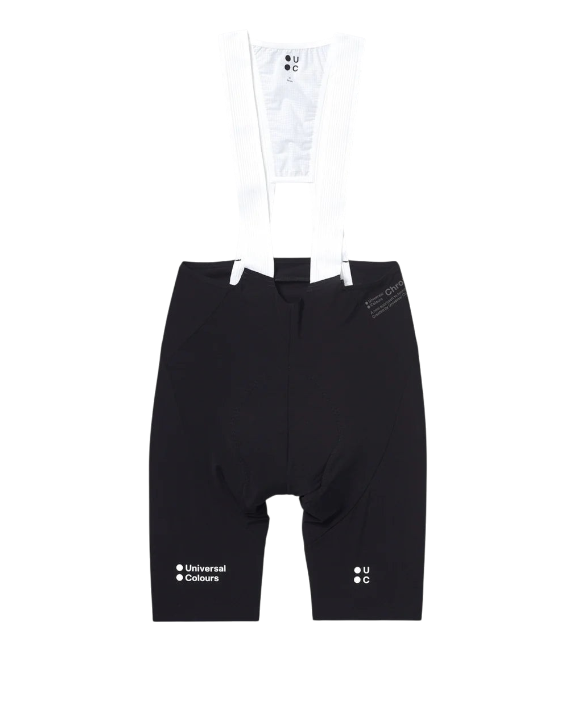 Moloko Cycling Ltd. black Chroma bib shorts with white breathable straps and Universal Colours branding.
