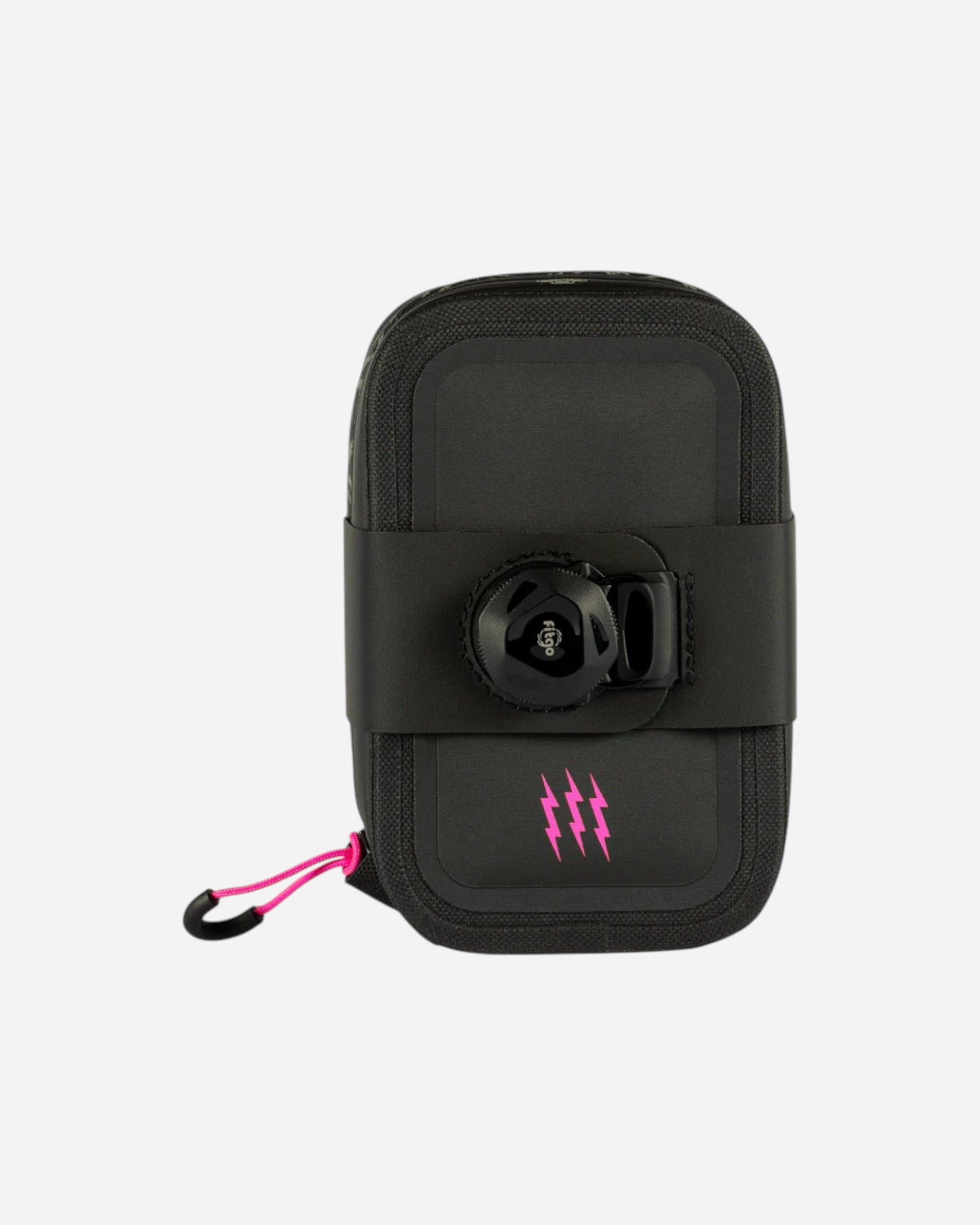 Moloko Cycling Ltd. small black water-repellent saddle pack with FitGo dial and pink lightning bolt graphic.