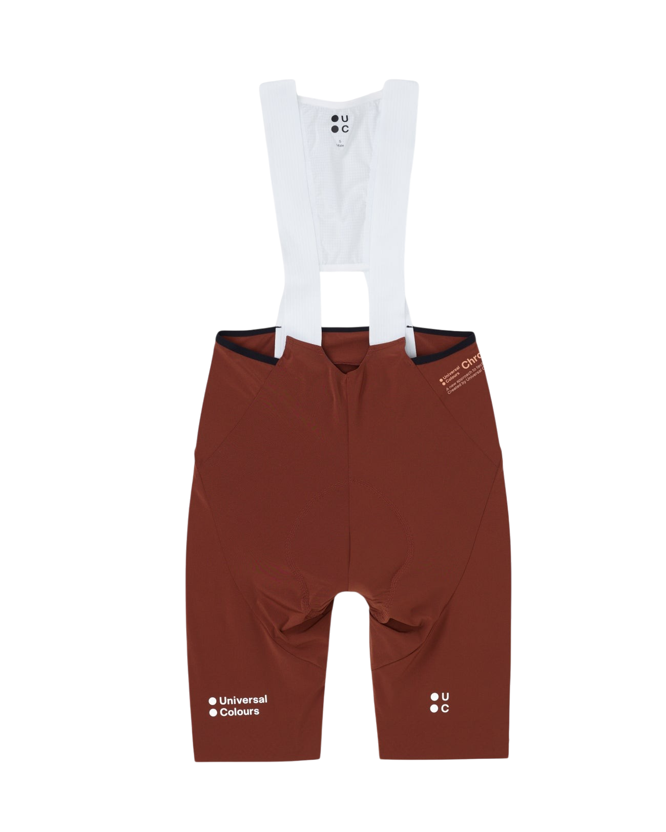 Moloko Cycling Ltd. Chroma bib shorts in brick red with white breathable straps and Universal Colours branding
