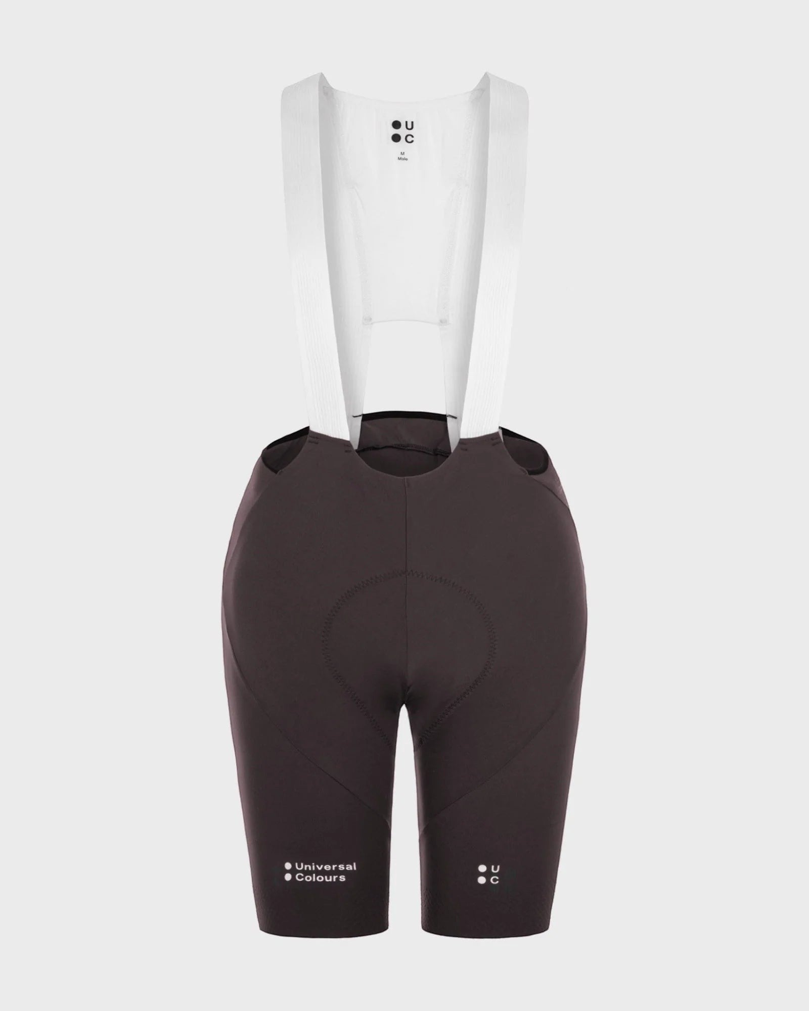 Moloko Cycling Ltd. men's heavy dark brown nylon bib shorts with white straps and chamois pad.