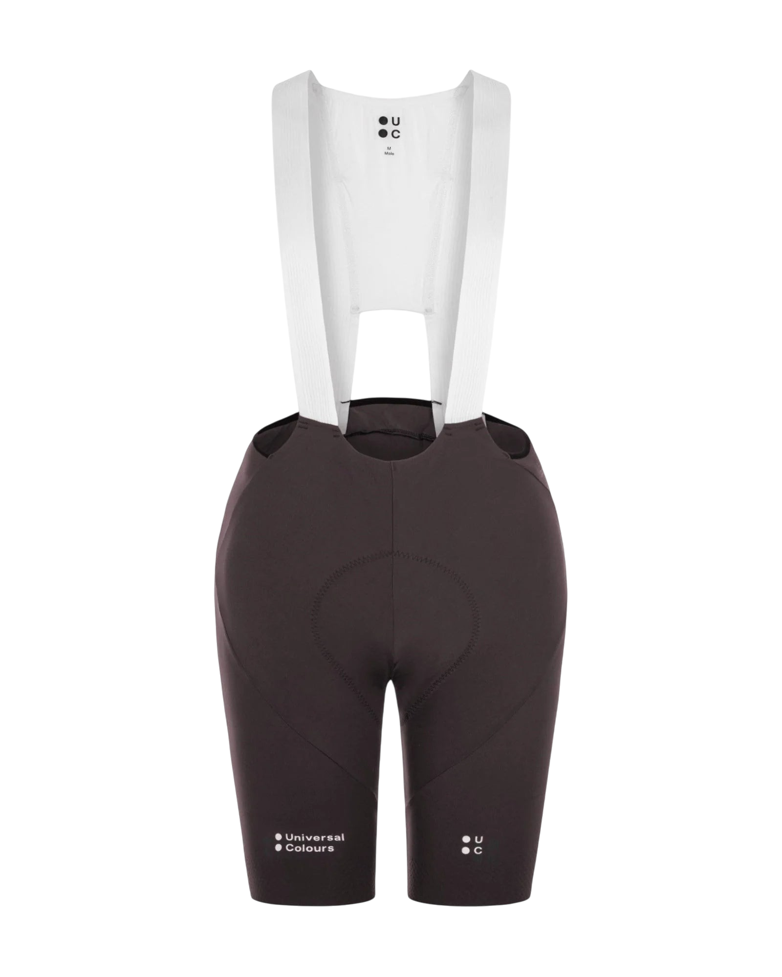 Moloko Cycling Ltd. Chroma bib shorts in heavy dark brown with white breathable straps and Universal Colours branding.