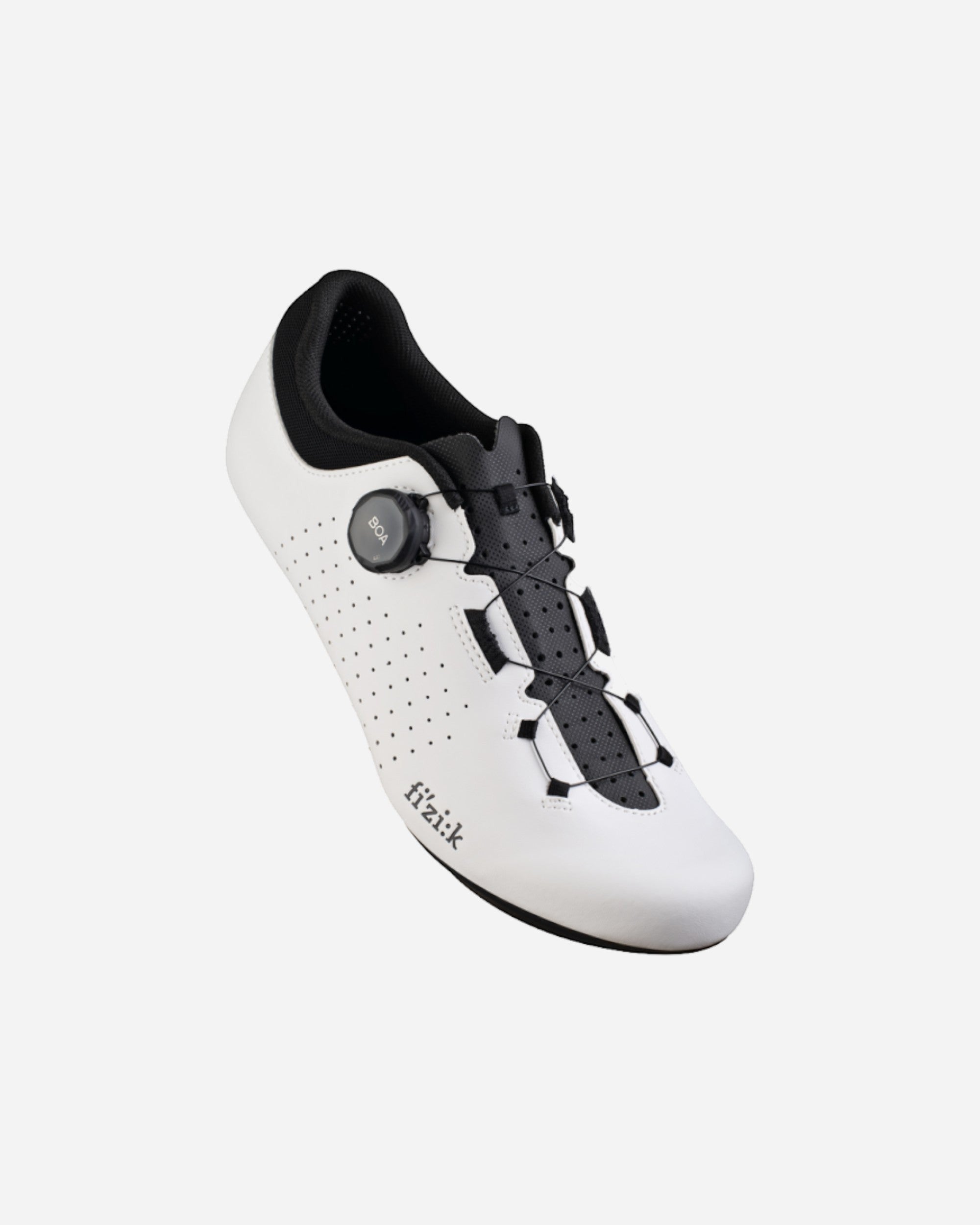 Moloko Cycling Ltd. Fizik Vento Omna wide fit road cycling shoes in white with black BOA dial and perforated upper.