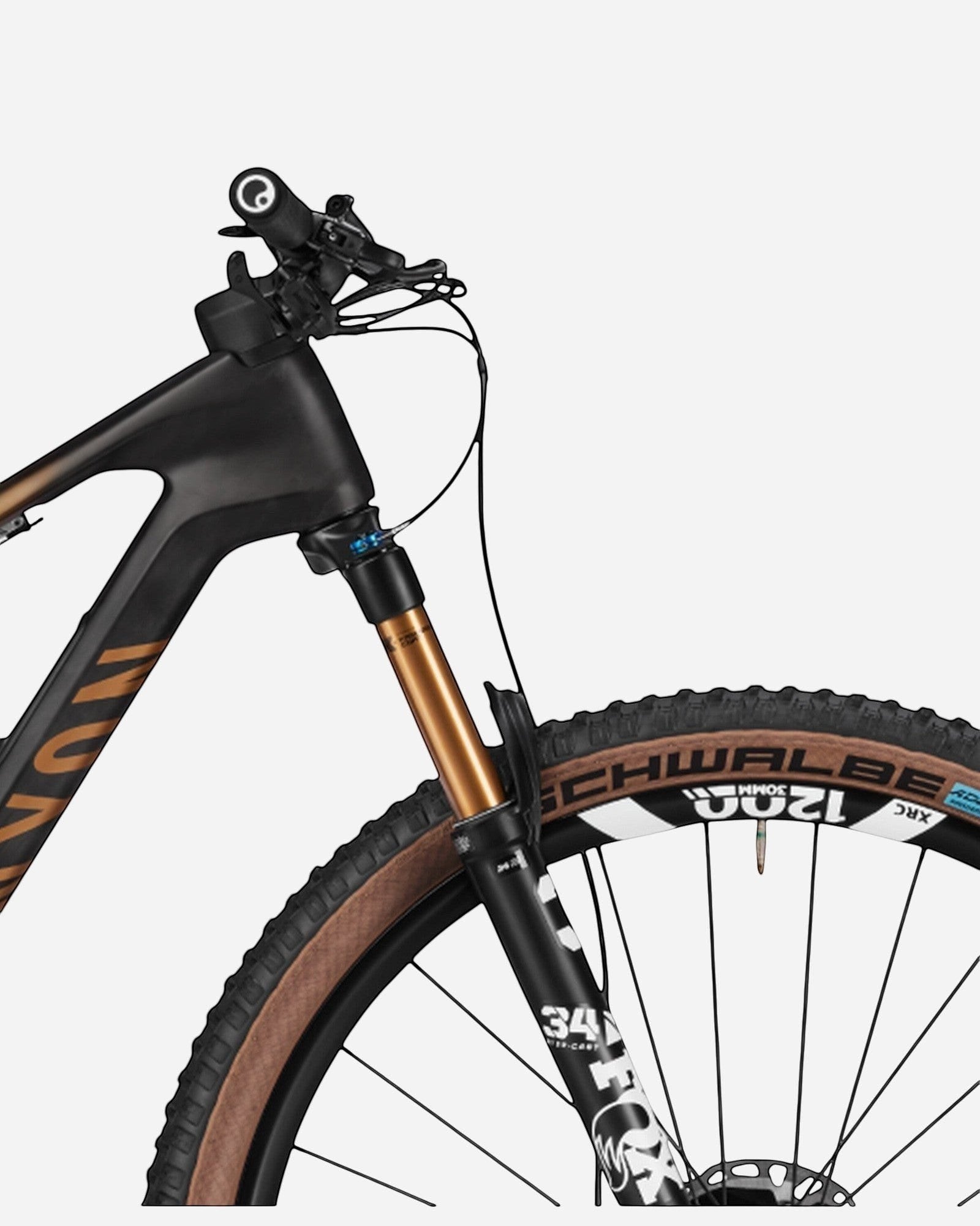 Moloko Cycling Ltd. Ex-Demo Lux Trail CFR 2024 M mountain bike with black and gold frame, Fox 34 fork, and Schwalbe tires.