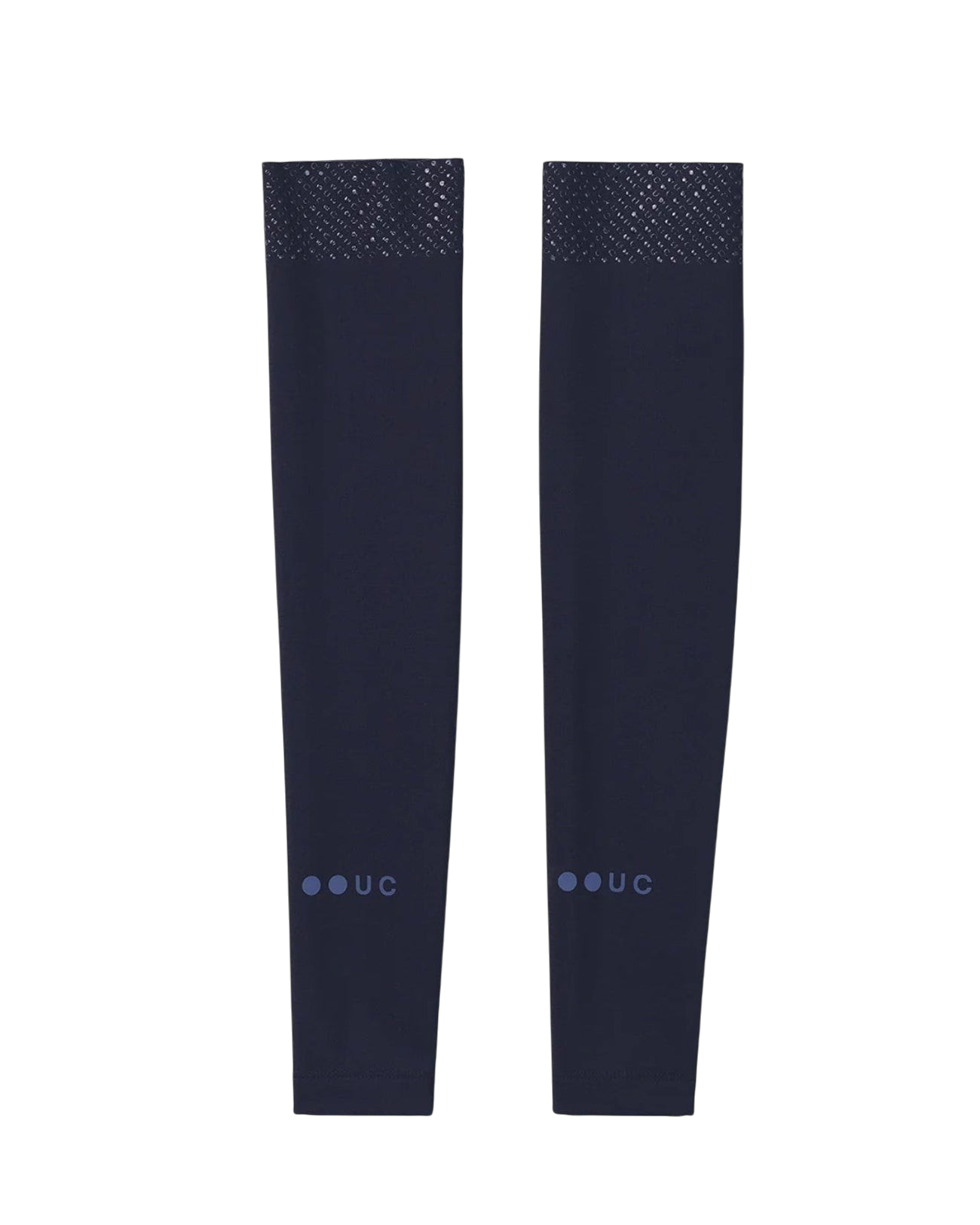 Moloko Cycling Ltd. navy blue cycling arm warmers with silicone grippers and reflective logo detailing.